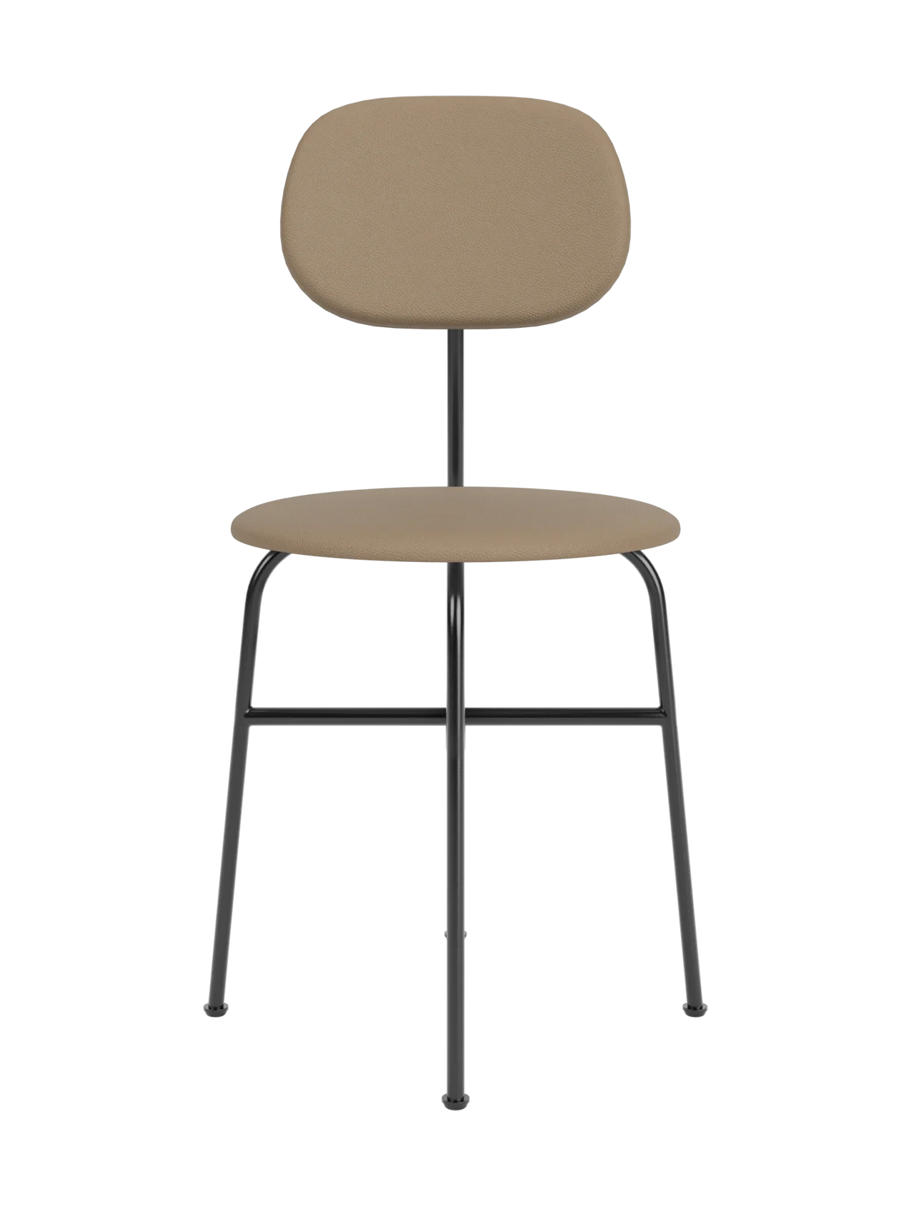 Front view of the Afteroom Dining Chair Plus. It has a slim black metal frame with a light brown upholstered seat and back.