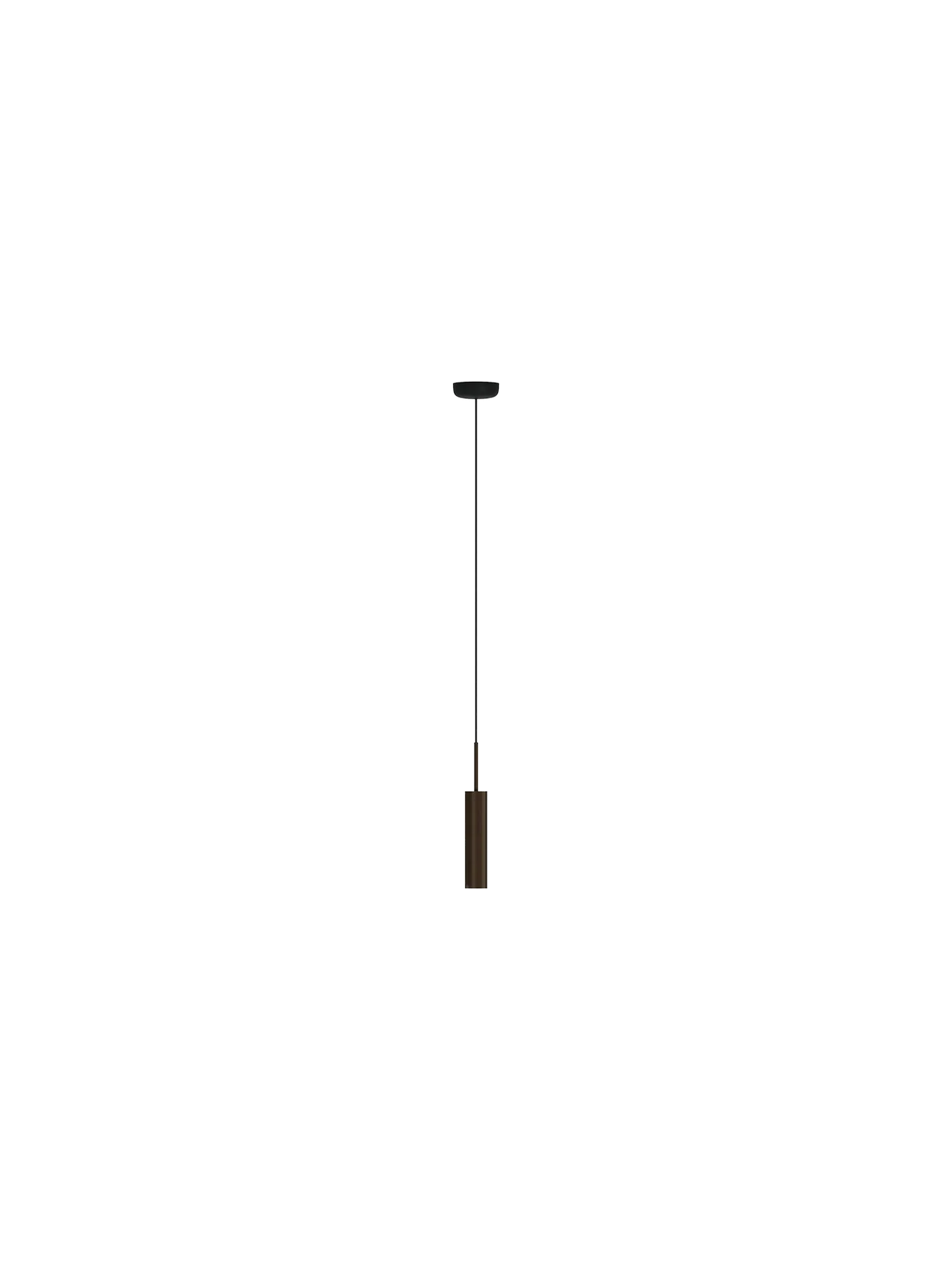 Front view of the Tubulaire Pendant Lamp (H24) in reeded, bronzed brass aluminium, hanging from a black cord and rose.