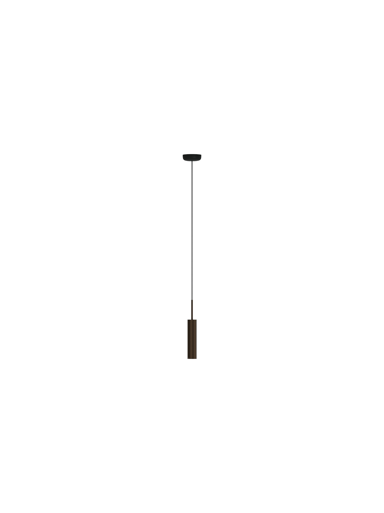 Front view of the Tubulaire Pendant Lamp (H24) in reeded, bronzed brass aluminium, hanging from a black cord and rose.