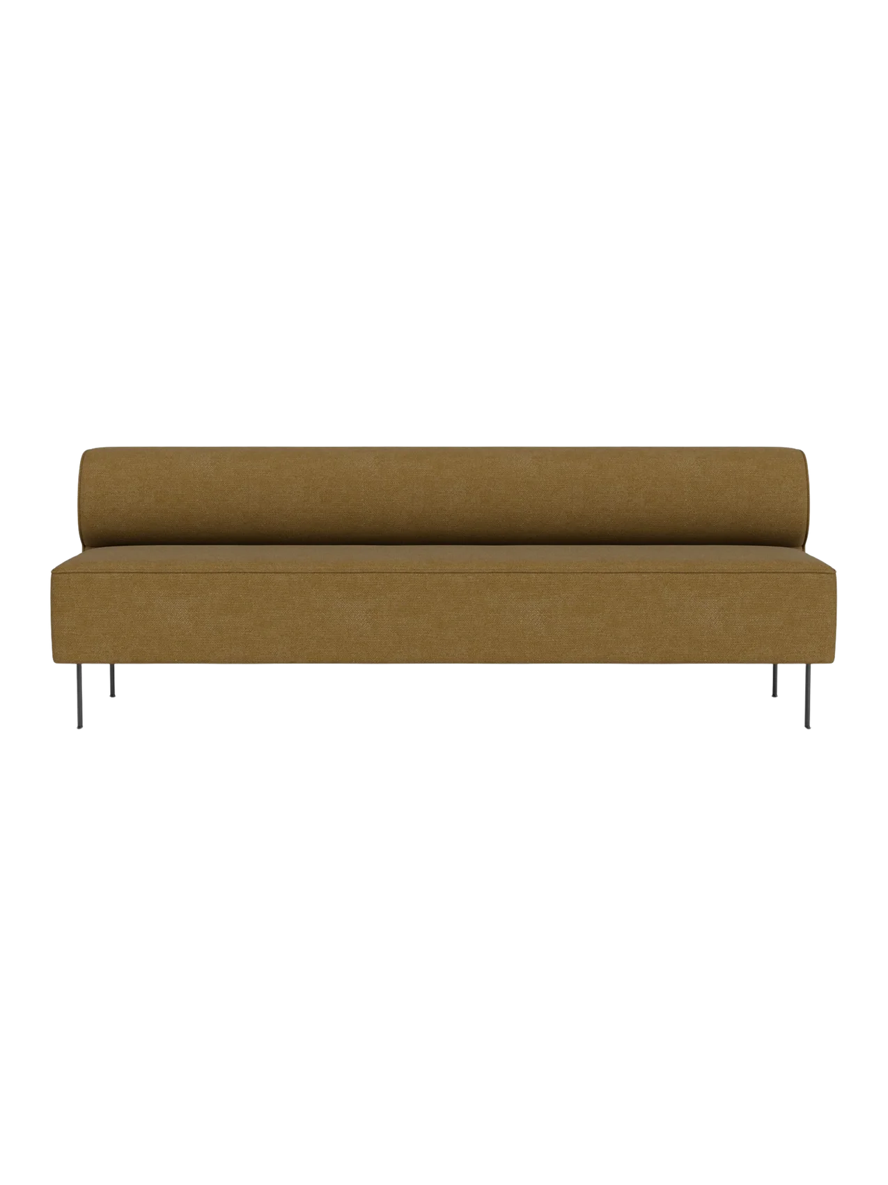 A front view of the Eave Dining Sofa, upholstered in a mustard-brown fabric with a low backrest and slender metal legs.