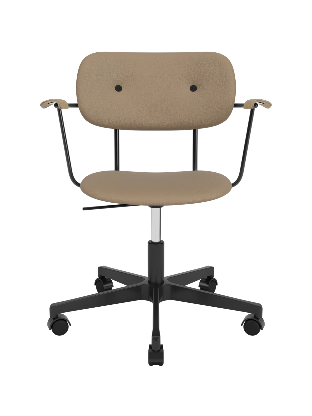 Audo Co Task Chair with tan Sierra 1611 leather upholstery, natural oak armrests and a black swivel base with casters.