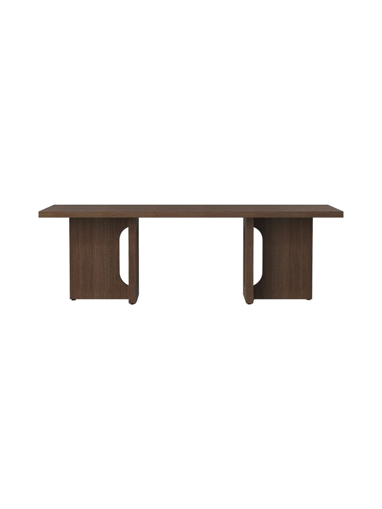 Front view of the dark stained oak Androgyne Lounge Table, showcasing its rectangular top and legs with signature cut-outs.
