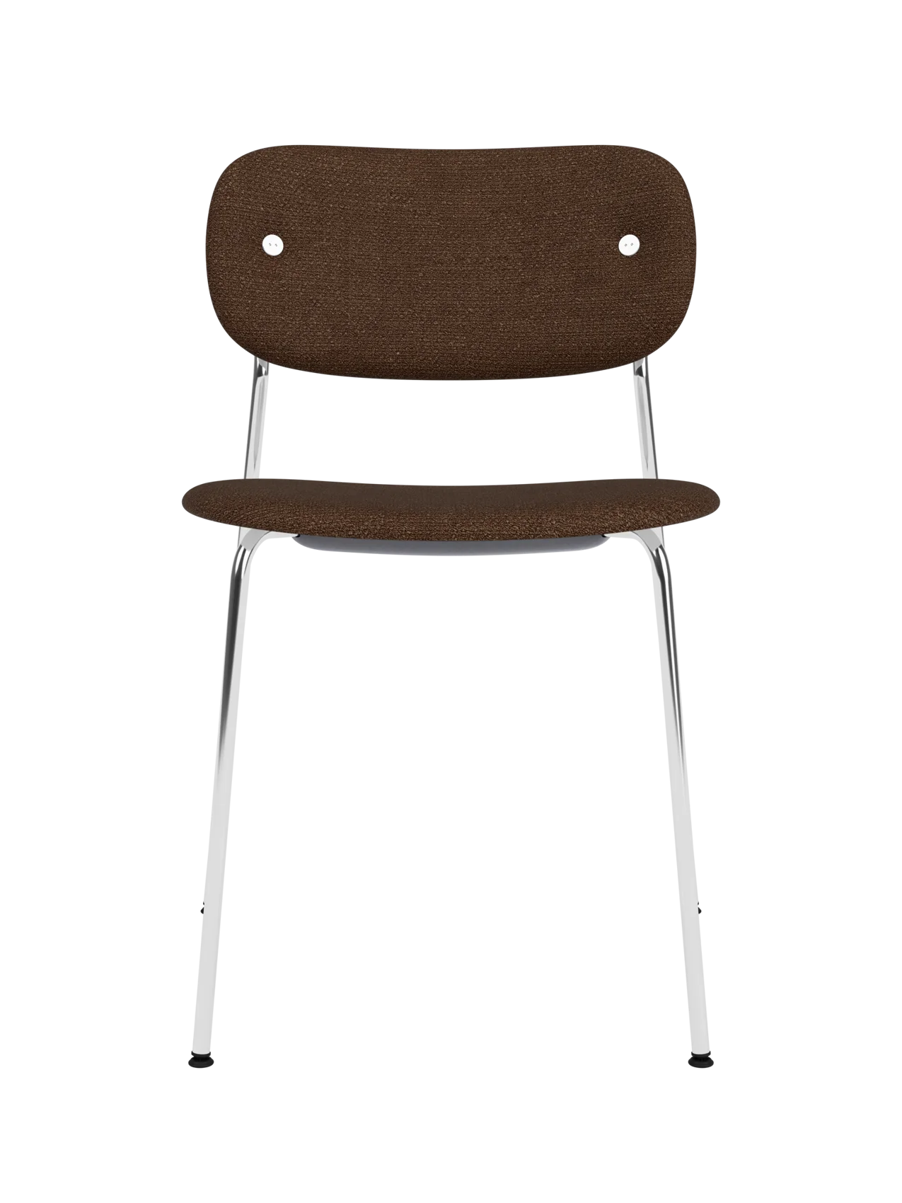Fully upholstered Co Dining Chair in dark Audo Bouclé 07 fabric with a minimalist chrome frame.
