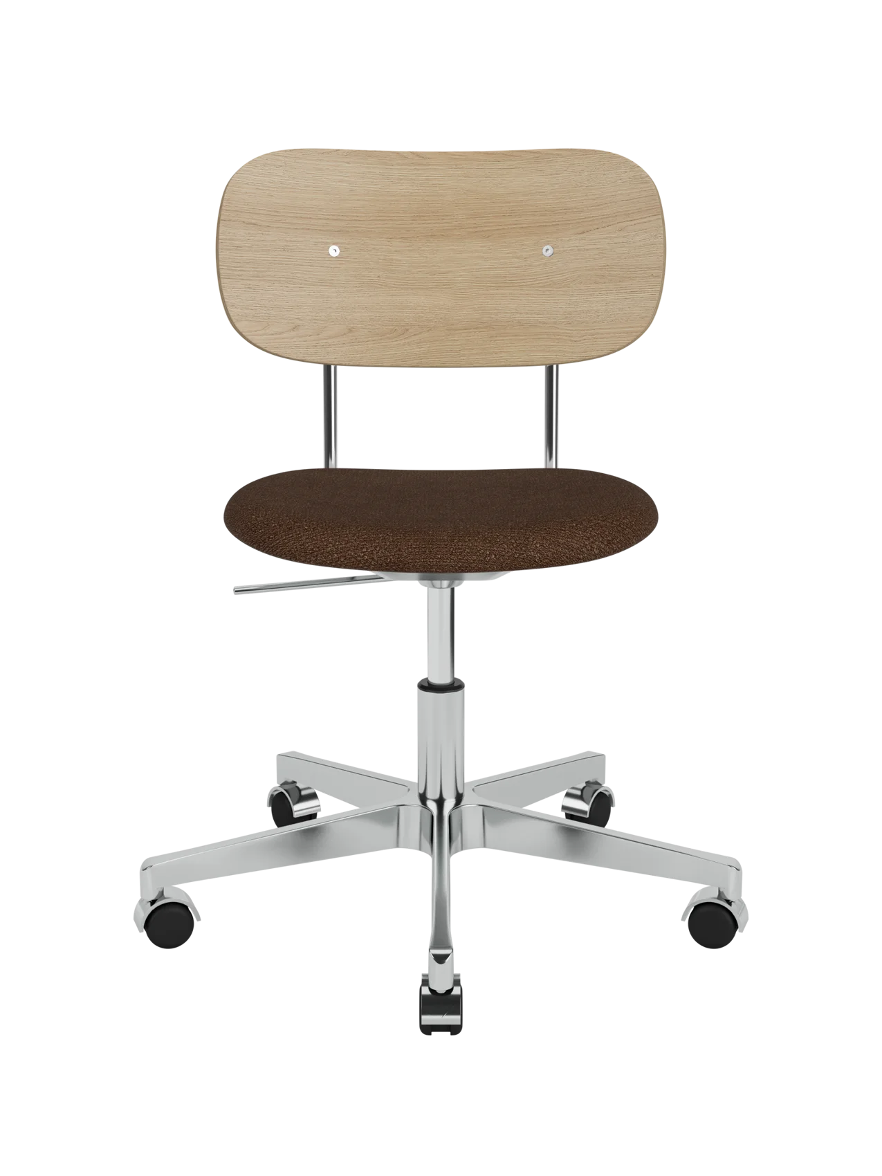 Co Task Chair featuring a natural oak backrest, brown bouclé upholstered seat and polished aluminium base with castors.