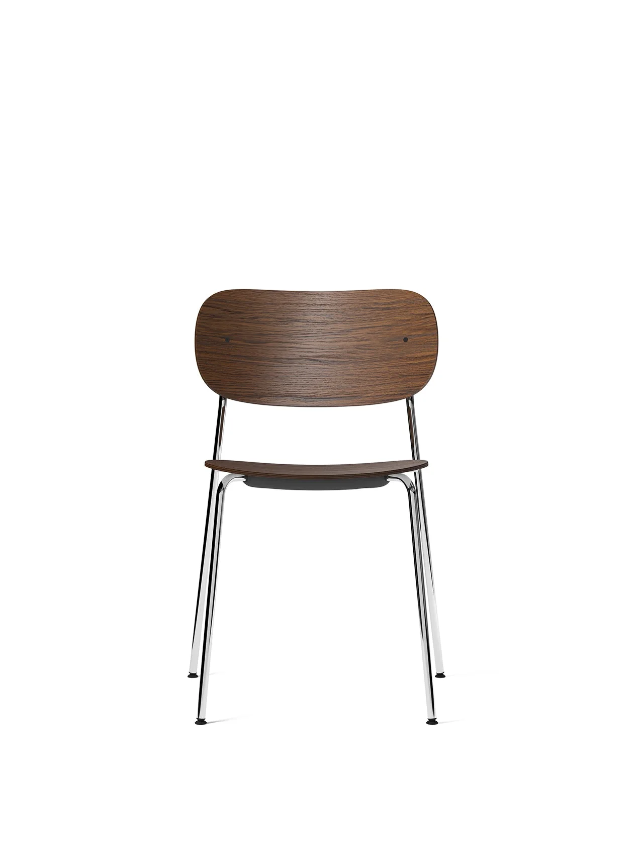 Front view of the Co Dining Chair, featuring a dark stained oak veneer seat and back with a slender, polished chrome frame.