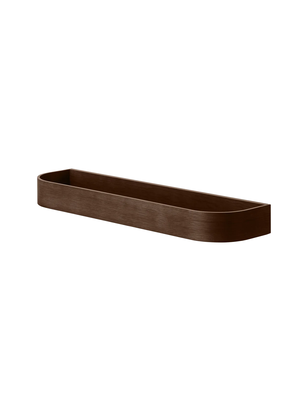Dark stained oak Epoch Shelf with a minimalist curved wood veneer design, viewed from a high angle.