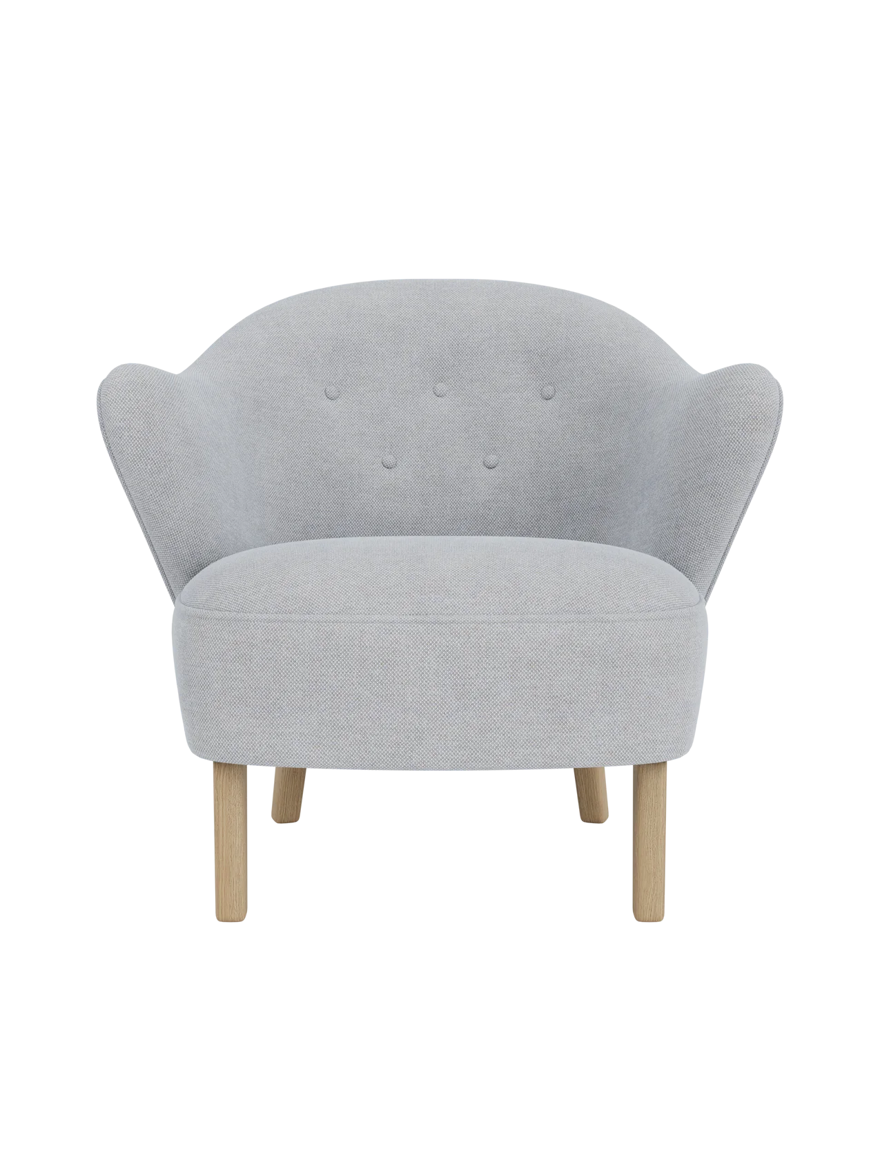 Front view of the Ingeborg Lounge Chair, featuring a light grey Fiord 751 textile upholstery and four natural oak legs.