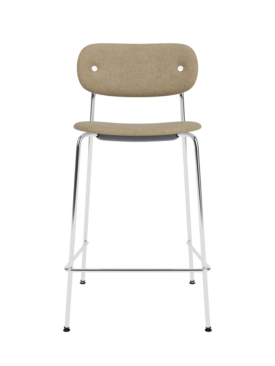 Co Counter Chair, Fully Upholstered in Audo Bouclé 02 fabric with a chrome steel frame shown against a black background.