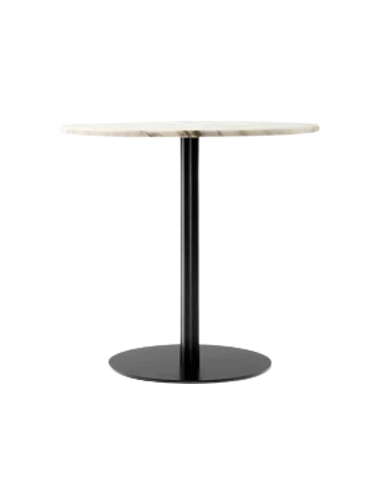 Harbour Column Dining Table with a round off-white marble top, supported by a single black column and a circular black base.