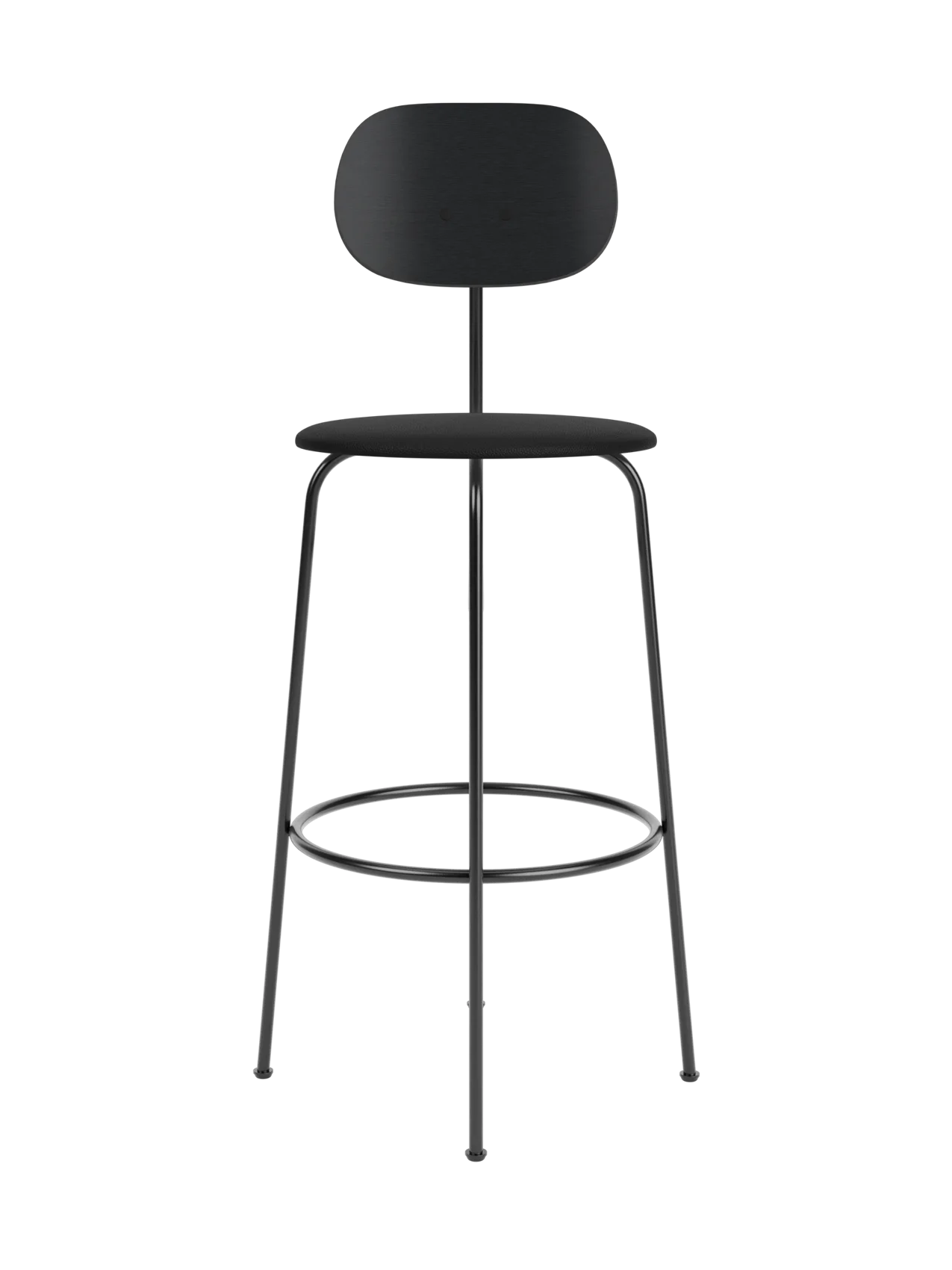 Afteroom Bar Chair Plus in black painted oak with a matching upholstered seat and slender minimalist metal frame.