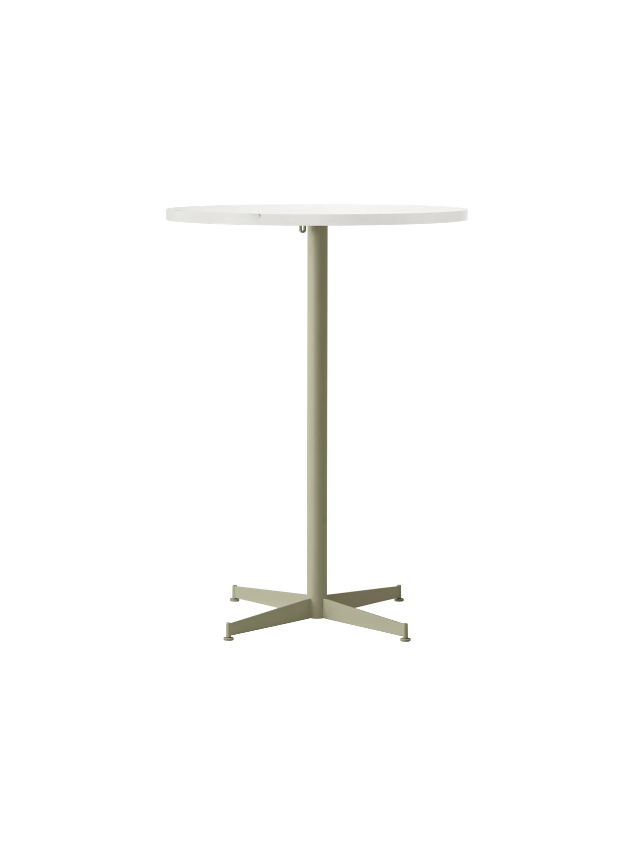 Nook Bar Table with a round, light-coloured top and a slender, ivory-coloured steel base with four feet.