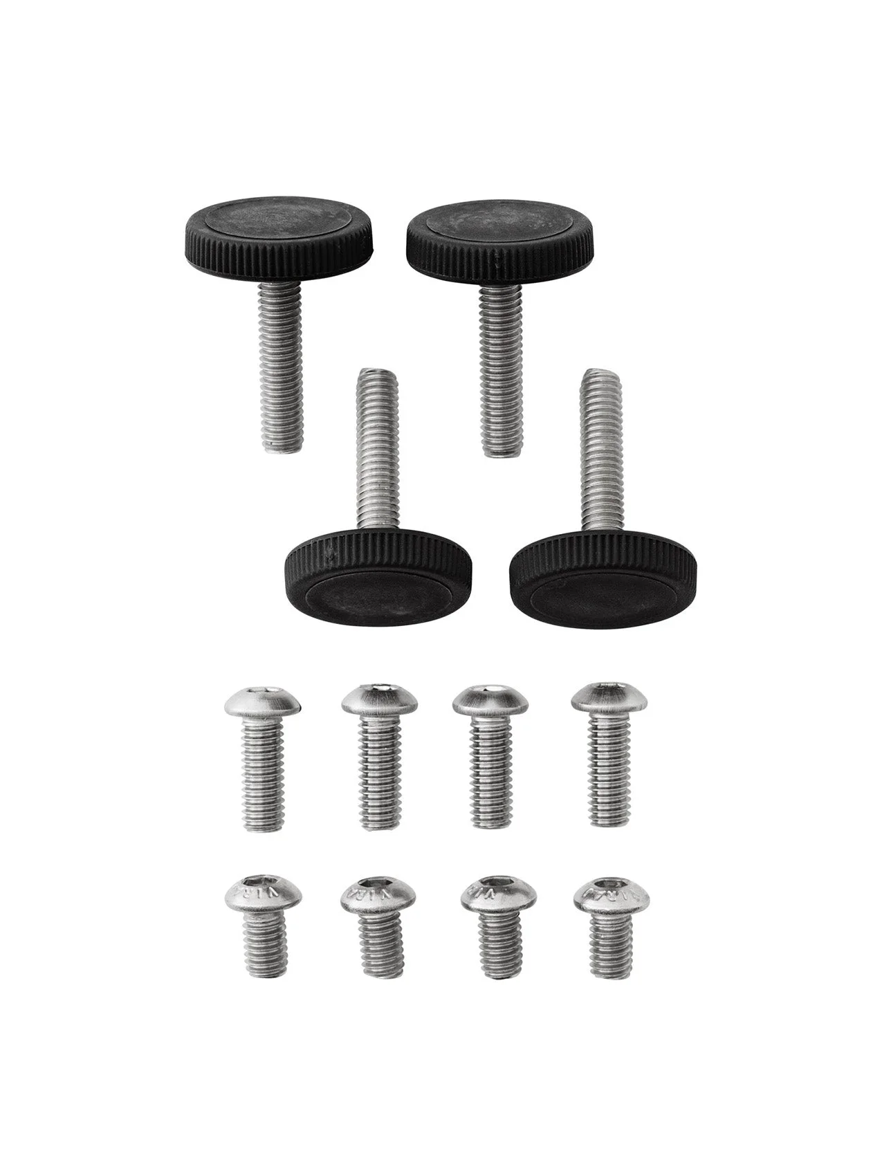 An assortment of hardware: four thumb screws with large black knurled heads, and eight smaller silver-coloured metal screws.