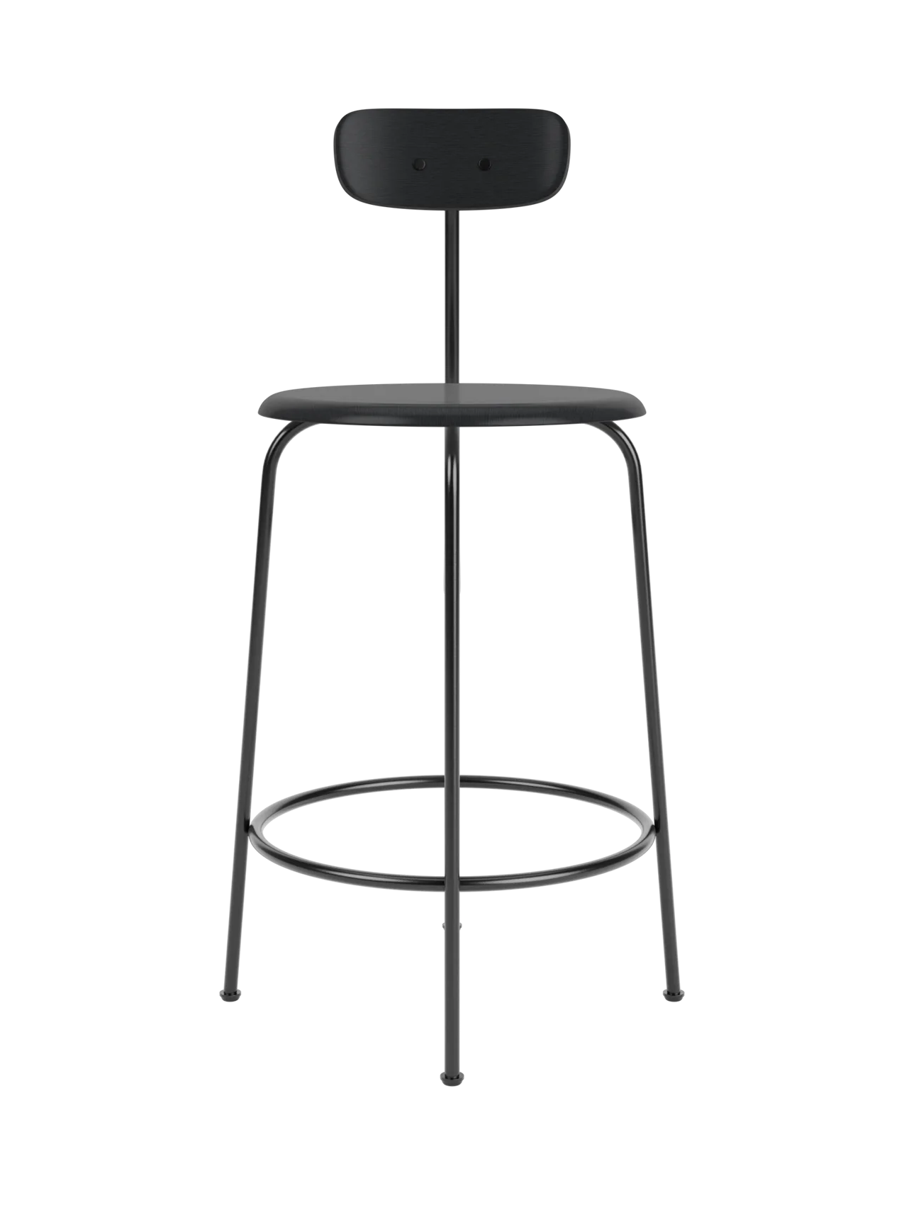 Front view of the Afteroom Counter Chair in black veneer. The chair has a slim metal frame, a round seat, and a low backrest.