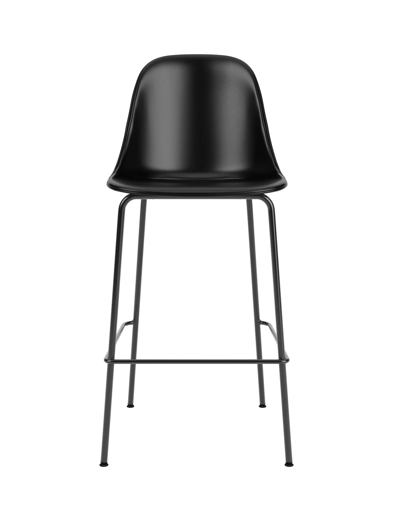 Black upholstered Harbour Side Bar Chair with a curved shell and slim black steel legs with a footrest.