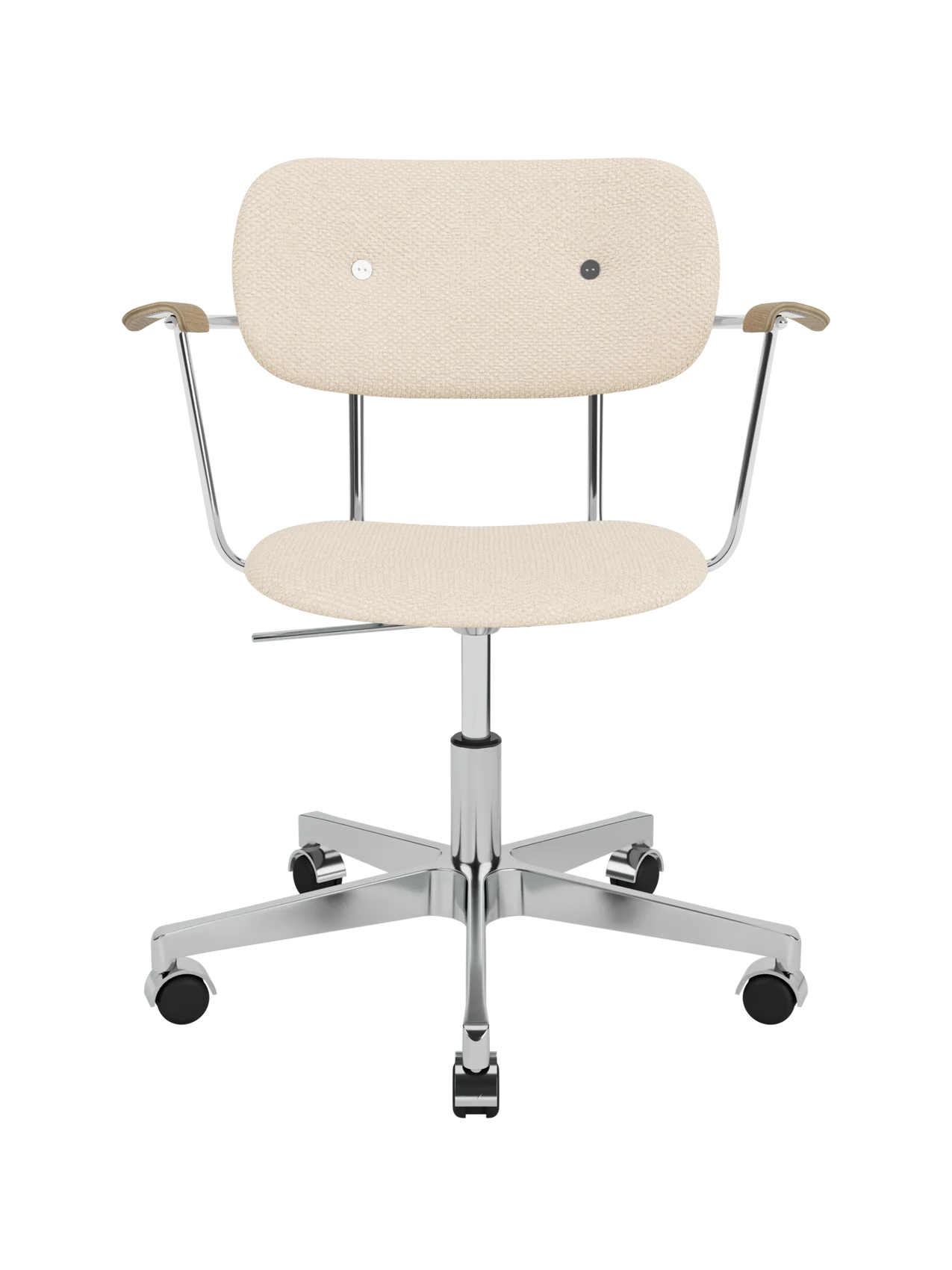 Fully upholstered Co Task Chair in Logan Jasmine fabric with natural oak armrests and a sleek chrome five-star base.