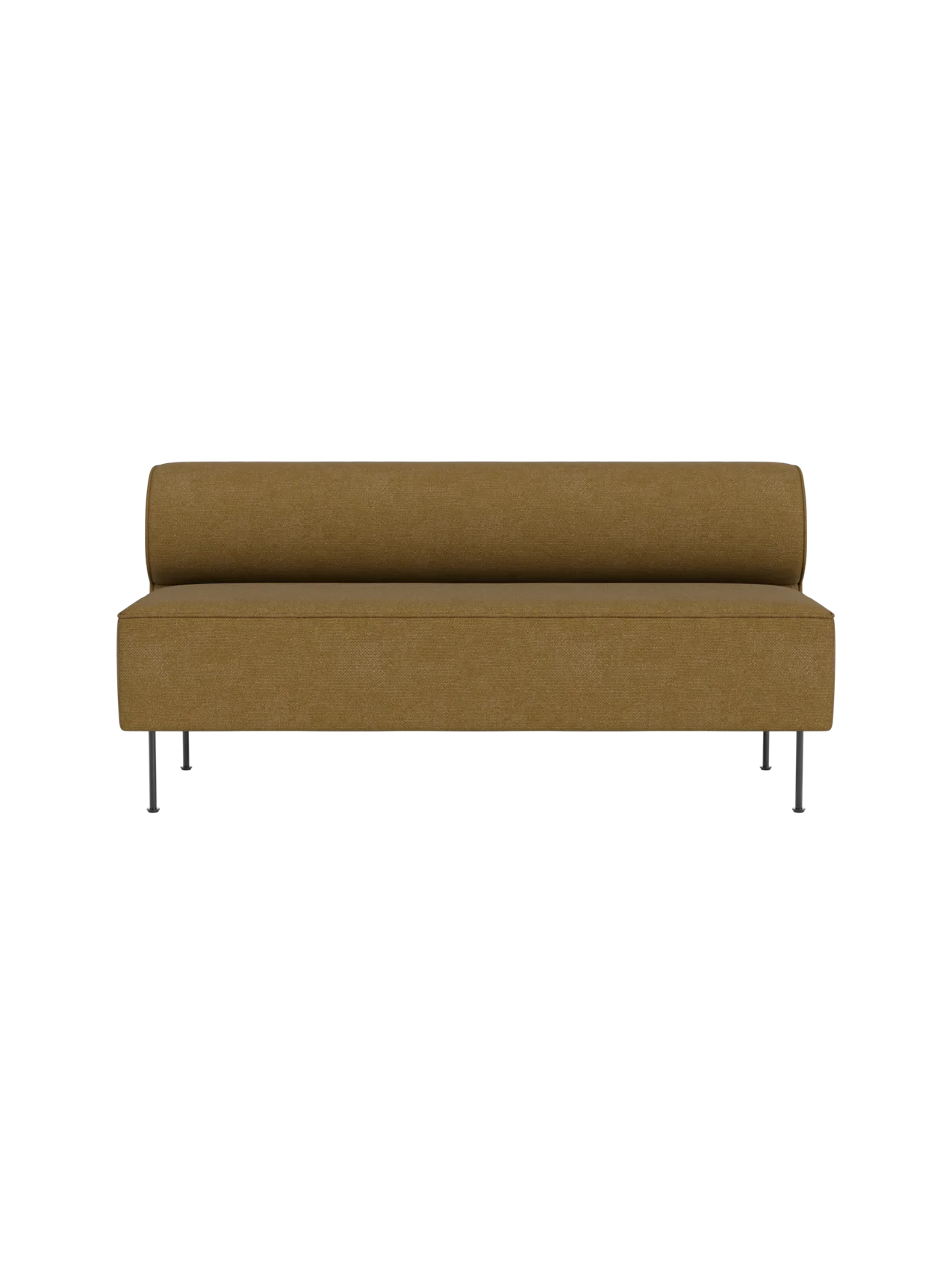 A front-on view of the Eave Dining Sofa upholstered in brownish-gold Audo Bouclé 06 fabric, set against a black background.