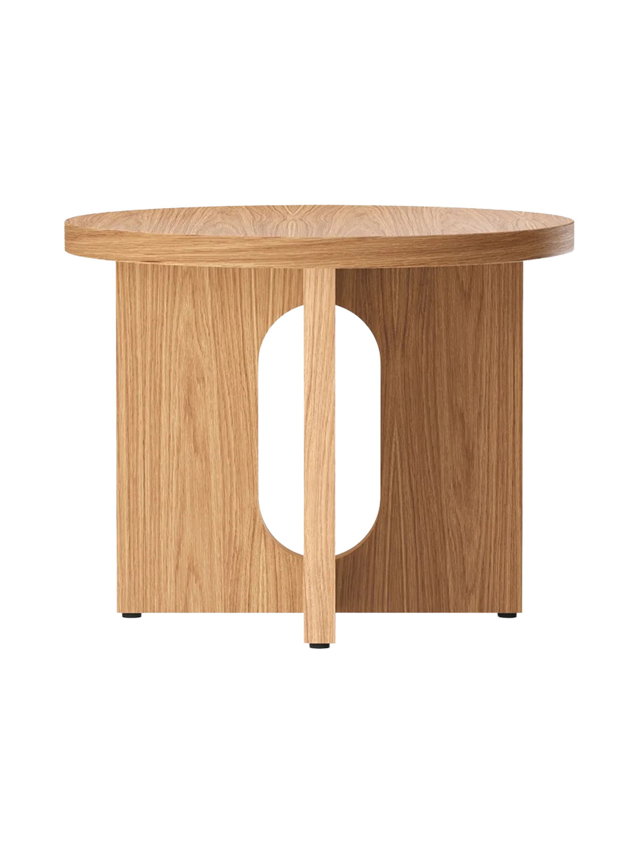 Front view of the Androgyne Side Table, Ø50 in natural oak, showing its round top and distinctive base with an oval cutout.