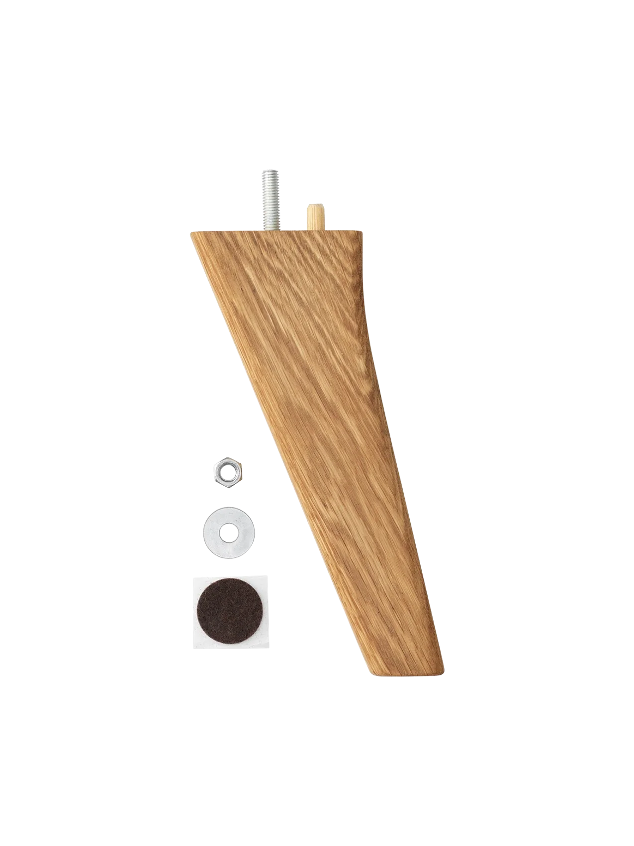An oak leg for the Audo Eave Dining Sofa with its integrated screw and dowel, plus a separate nut, washer, and felt pad.