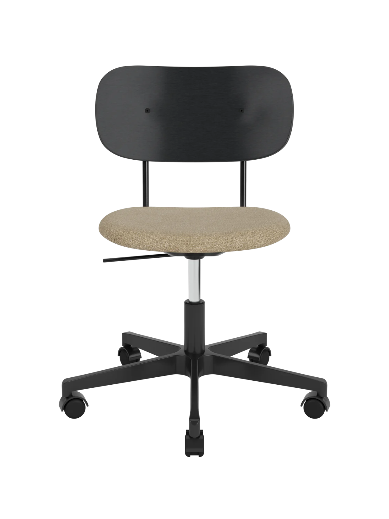 Co Task Chair featuring a beige bouclé seat, black painted oak backrest and black swivel base on castors.