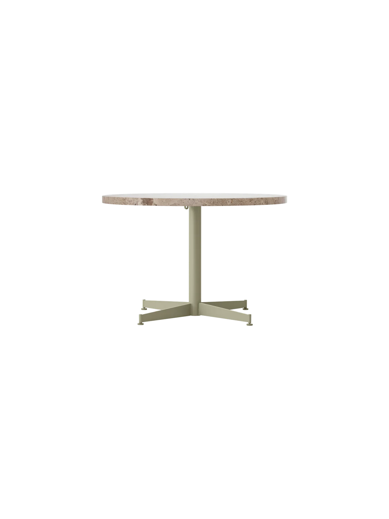Front view of the Nook Lounge Table, featuring a round Kunis Breccia stone top and a slim, four-star base in an olive finish.