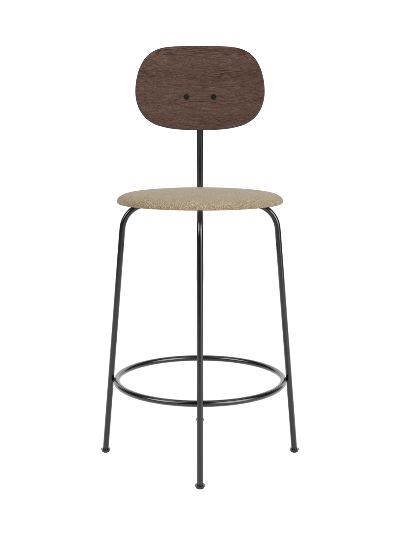 Afteroom Counter Chair Plus featuring a dark stained oak backrest and upholstered beige bouclé seat on a black steel frame.