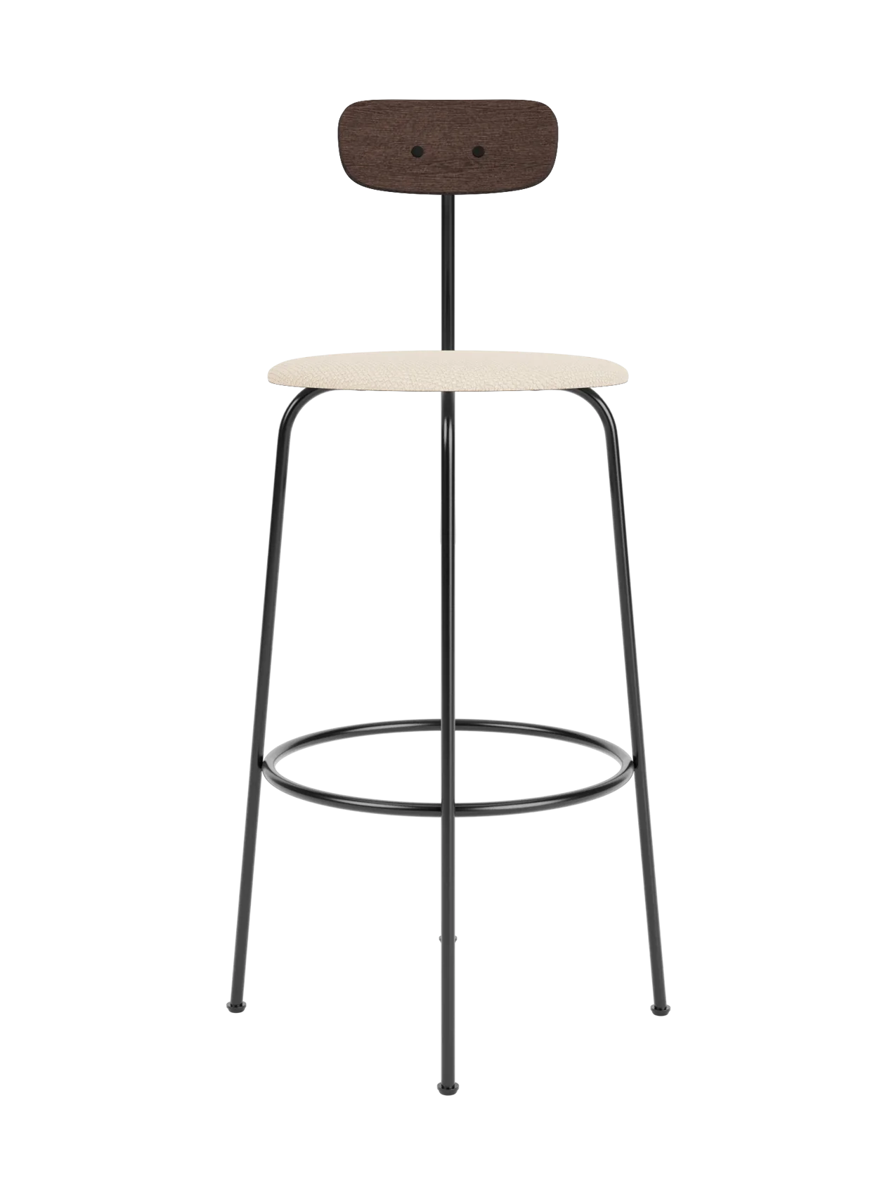 Afteroom Bar Chair with dark stained oak backrest, Logan Jasmine upholstery and a minimalist black steel frame.