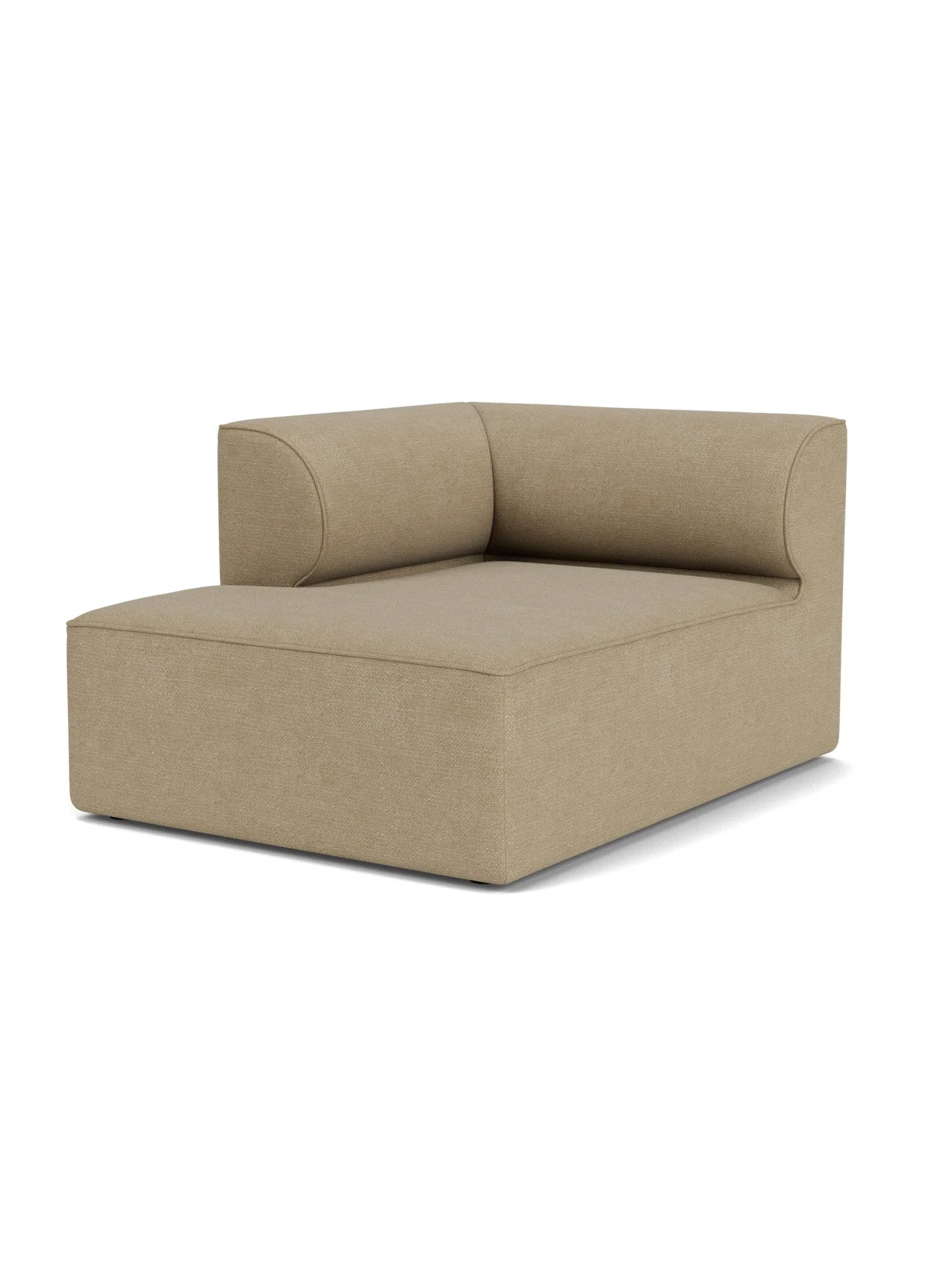 Angled view of the Eave Modular Sofa Chaise Longue module, featuring a low, curved backrest and light brown bouclé fabric.
