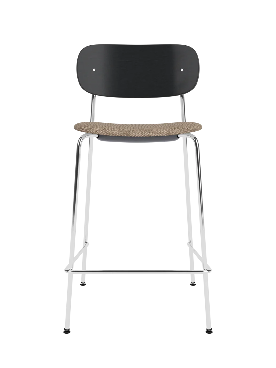 Co Counter Chair with black painted oak back, upholstered seat in Logan Flint, and chrome steel frame.