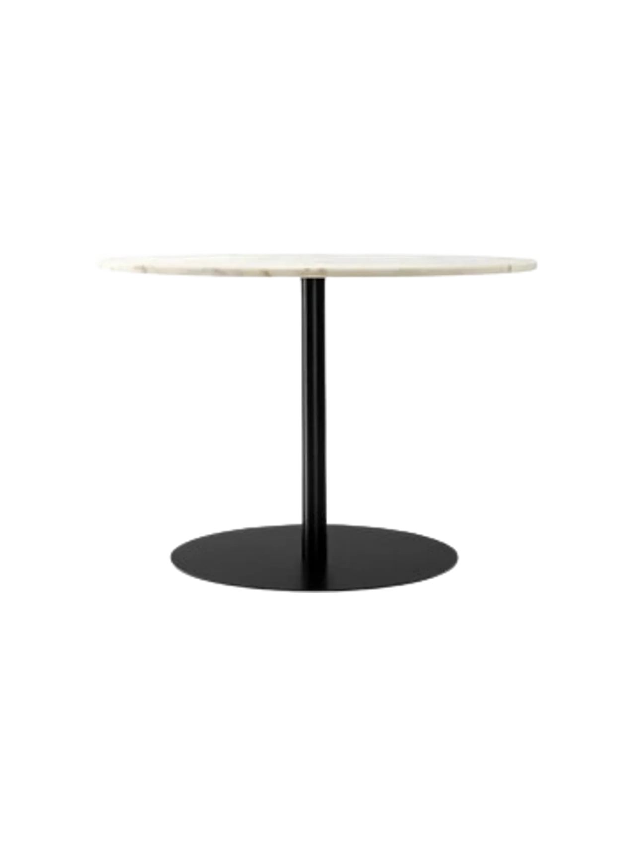 Side view of the Harbour Column Dining Table, featuring a round off-white marble top, slender black column, and round base.