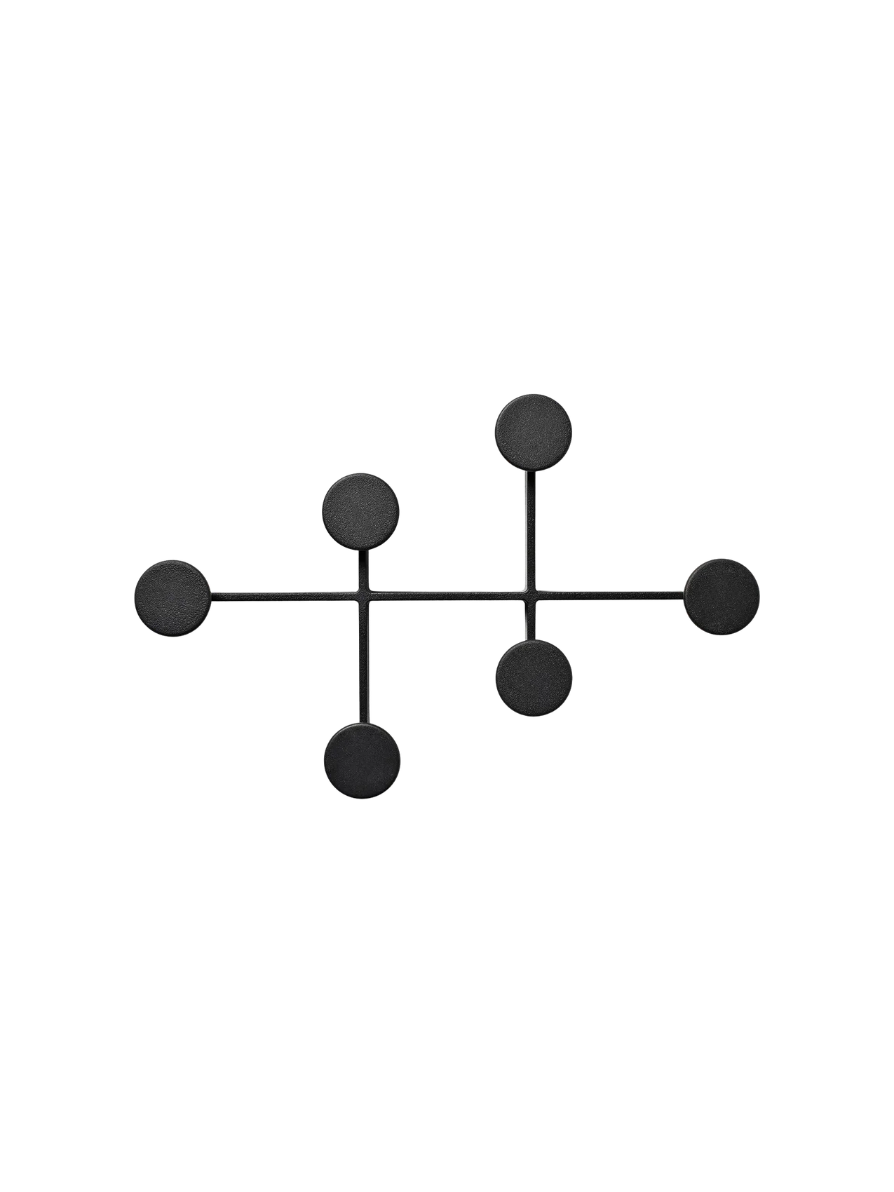 Front view of the Afteroom Coat Hanger in black. The minimalist hanger has six circular hooks branching from a central bar.