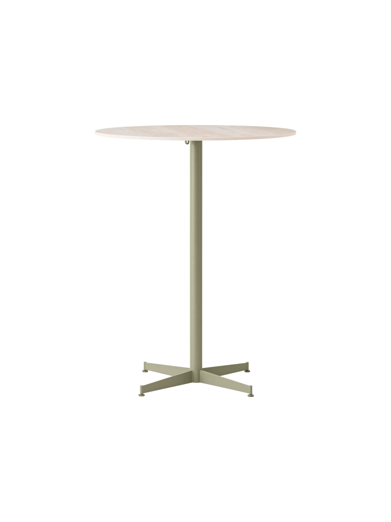 Front view of the Nook Bar Table with a round, light-coloured stone top and a slim, olive-coloured central pedestal base.