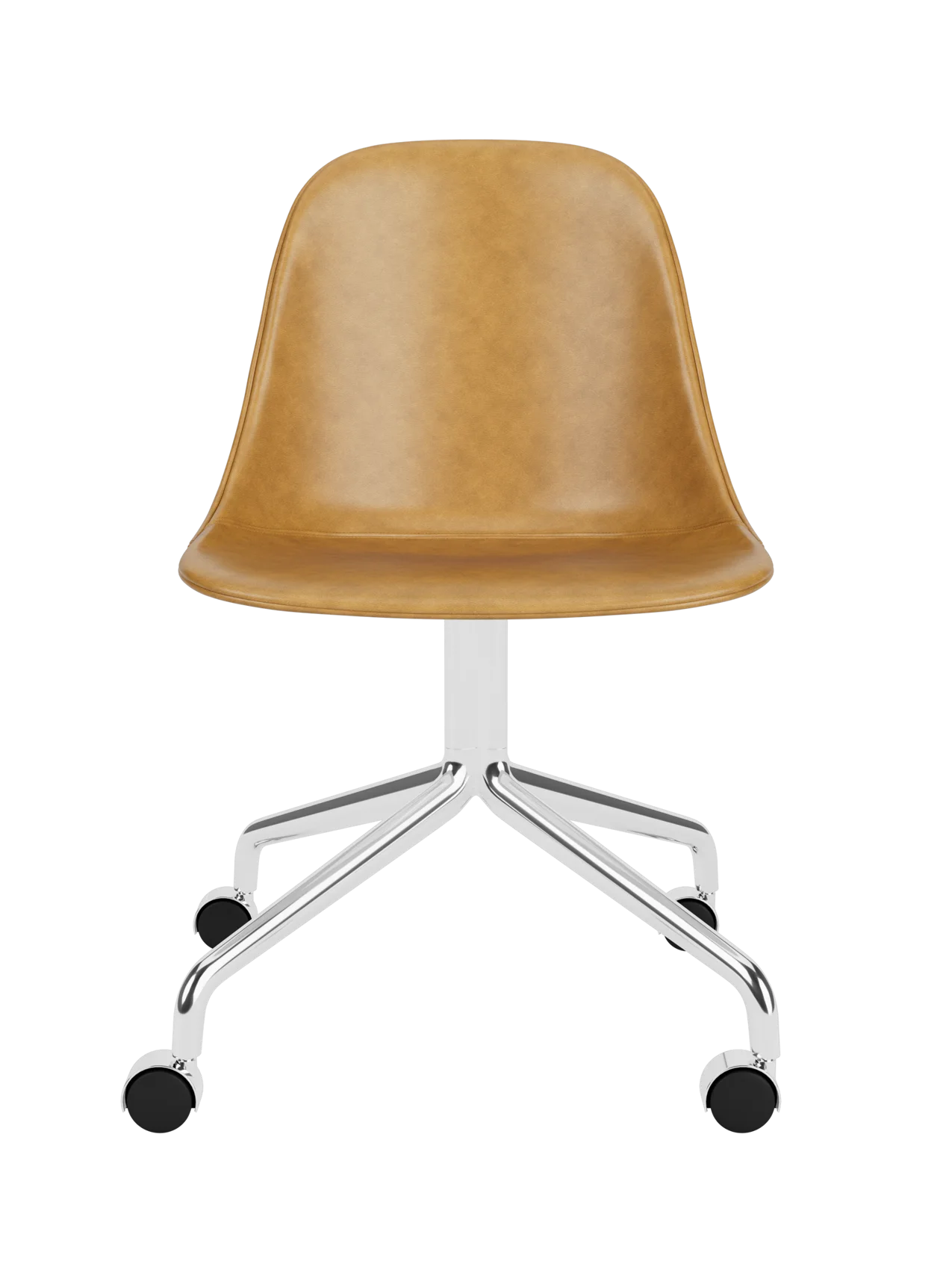 Tan Dakar 0250 leather Harbour Side Dining Chair with a polished aluminium star base and functional casters.