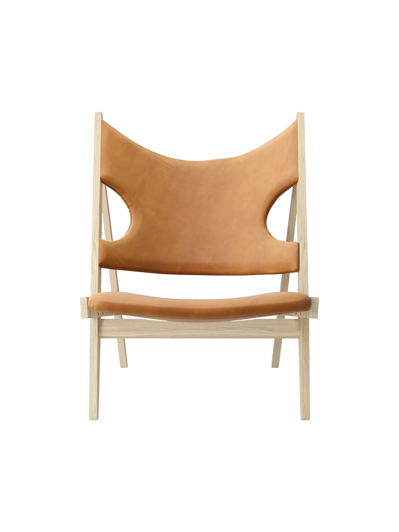 Front view of the Knitting Lounge Chair in Natural Oak, upholstered in Dunes Cognac leather with distinctive elbow cut-outs.