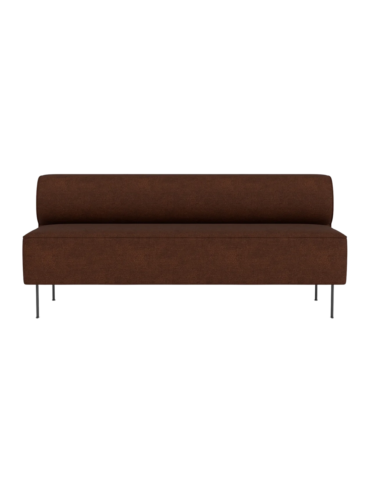 Front view of the Eave Dining Sofa, an open section module upholstered in a textured brown fabric with slender metal legs.