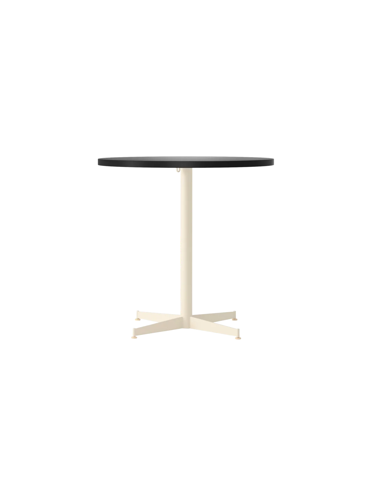 Front view of the Nook Dining Table with a round, charcoal linoleum tabletop and an ivory powder-coated steel four-star base.