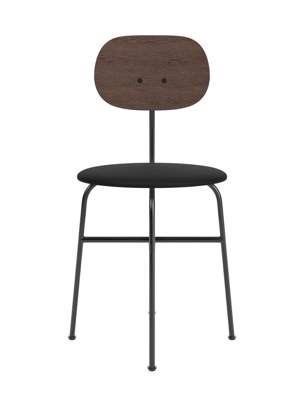 Afteroom Dining Chair Plus featuring a dark stained oak backrest and black upholstered seat on a black steel frame.