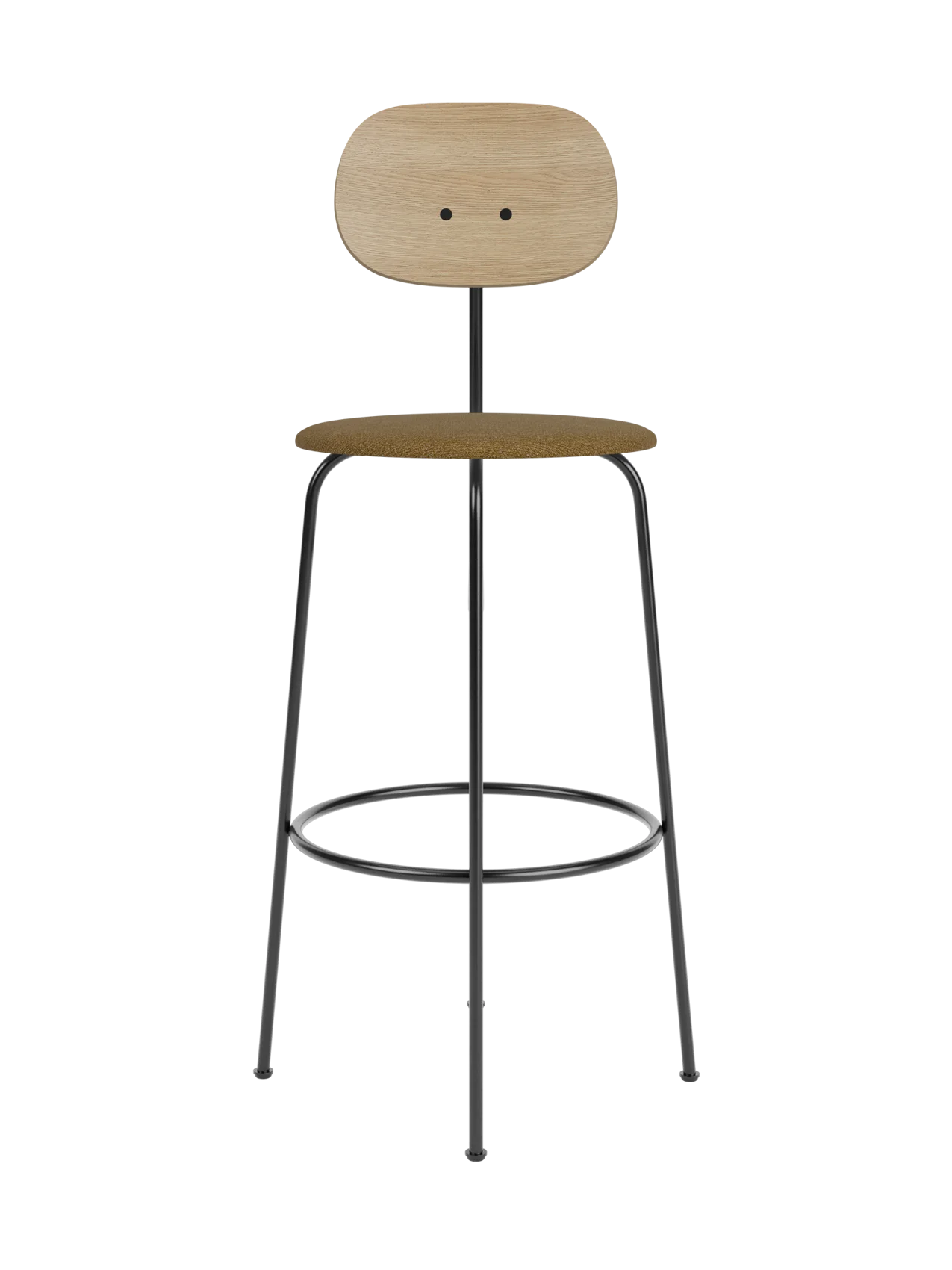 Afteroom Bar Chair Plus featuring a natural oak backrest and brown bouclé seat on a minimalist black steel frame.