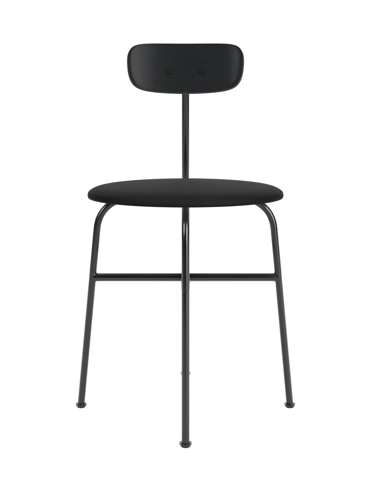 Front view of the Afteroom Dining Chair with a black painted ash backrest, black upholstered seat, and black steel frame.