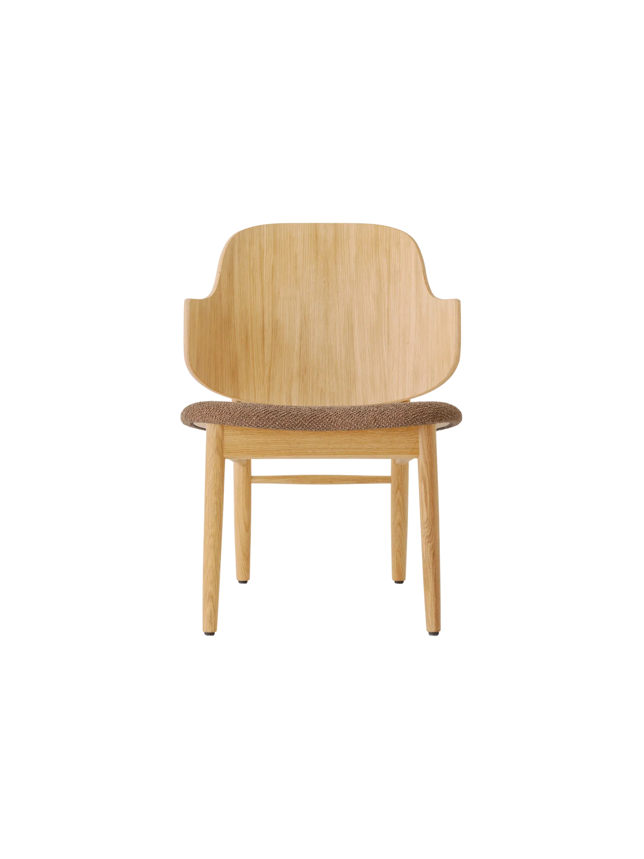 The Penguin Wooden Lounge Chair in natural oak with a textured brown upholstered seat, shown from the front.