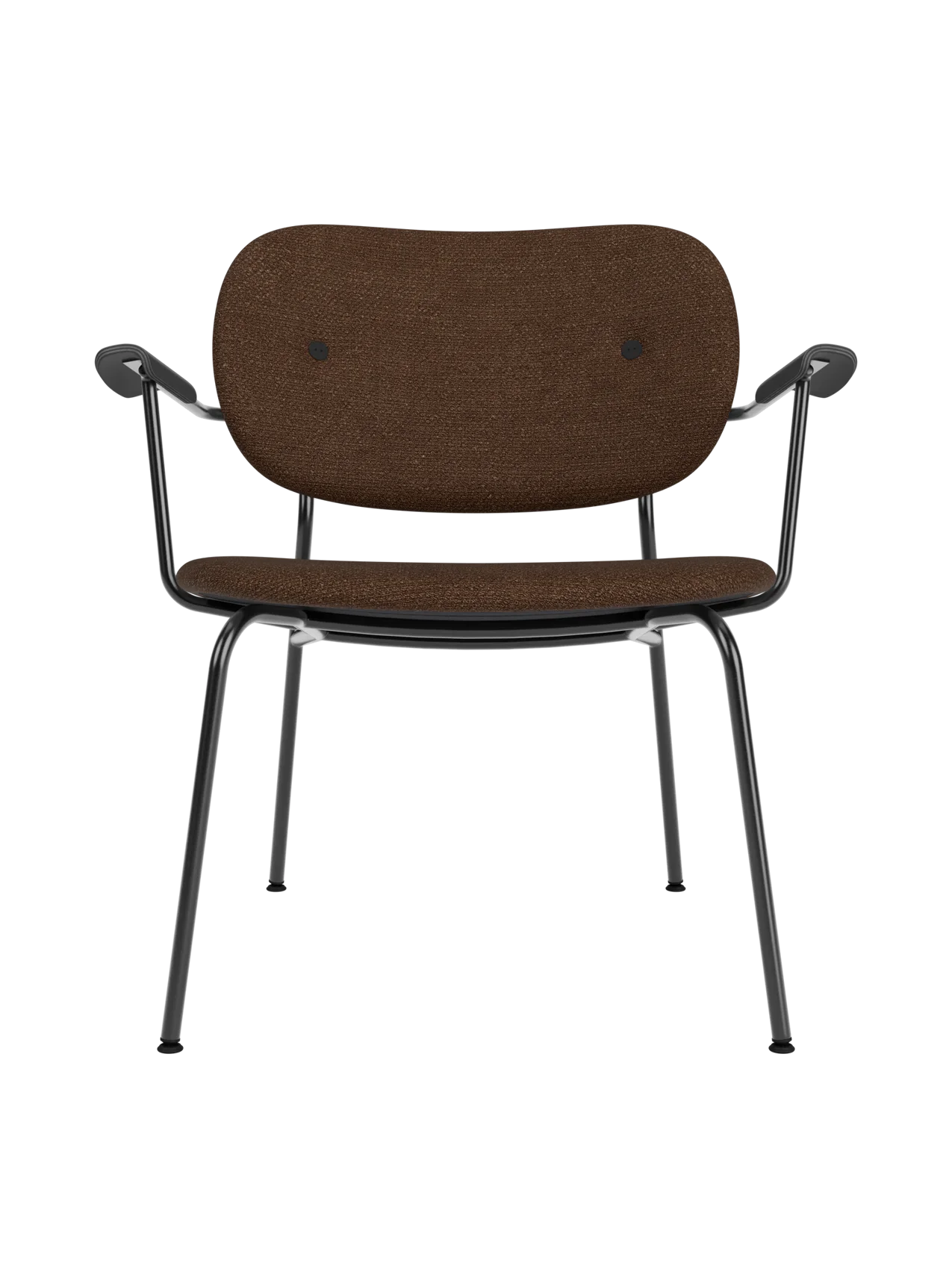 Co Lounge Chair fully upholstered in brown Audo Bouclé 07 fabric with black painted oak armrests and steel base.