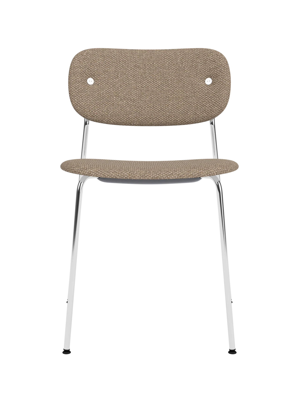 Fully upholstered Co Dining Chair with a sleek chrome frame and textured Logan Flint fabric in a front-facing view.