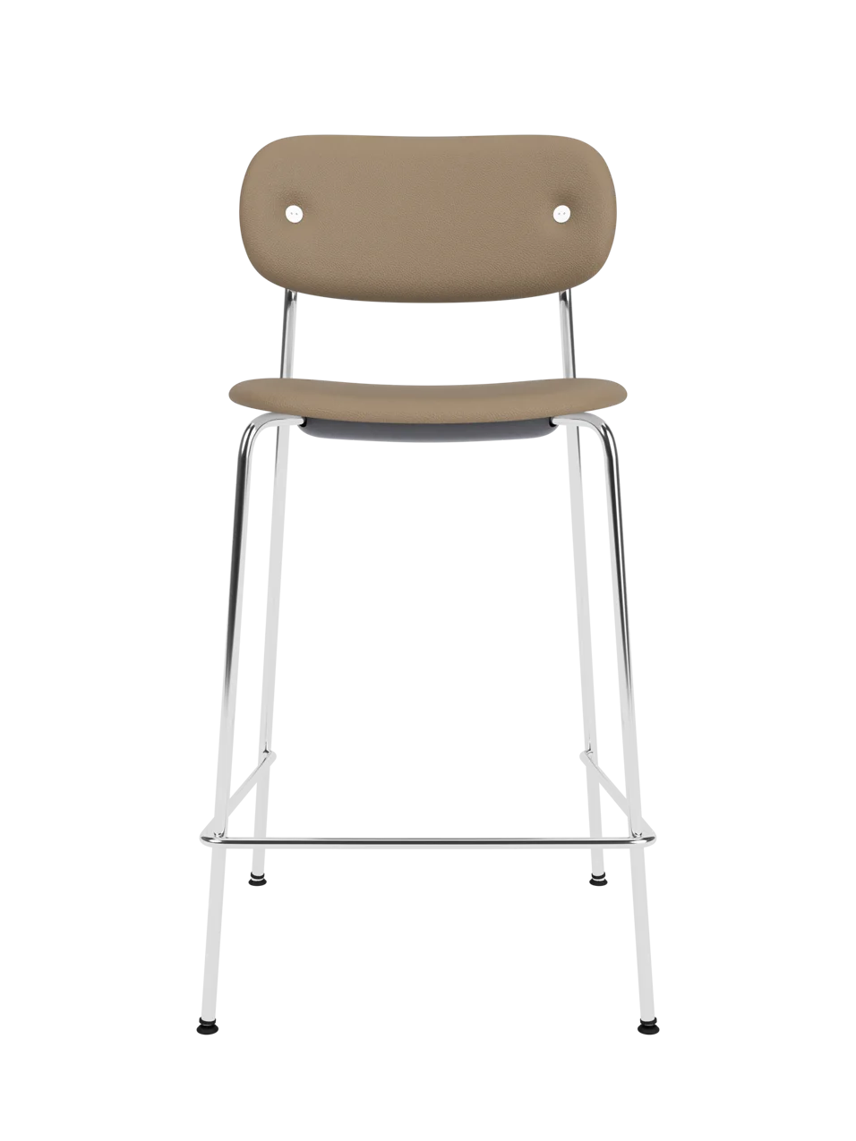 Co Counter Chair, Fully Upholstered with beige leather upholstery and chrome steel frame on a black background.