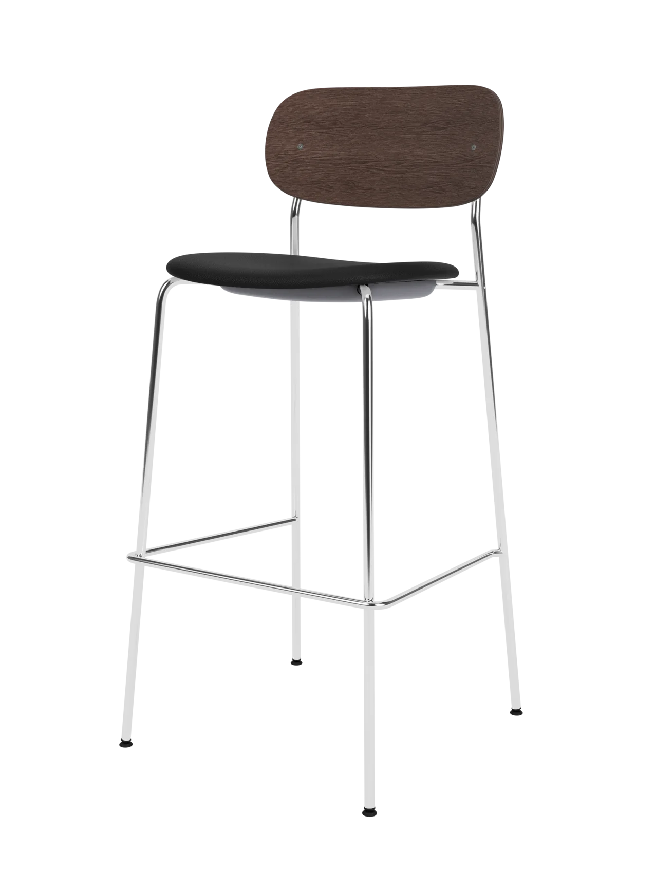 Co Bar Chair featuring a slender chrome frame, dark stained oak backrest and a black Sierra upholstered seat.