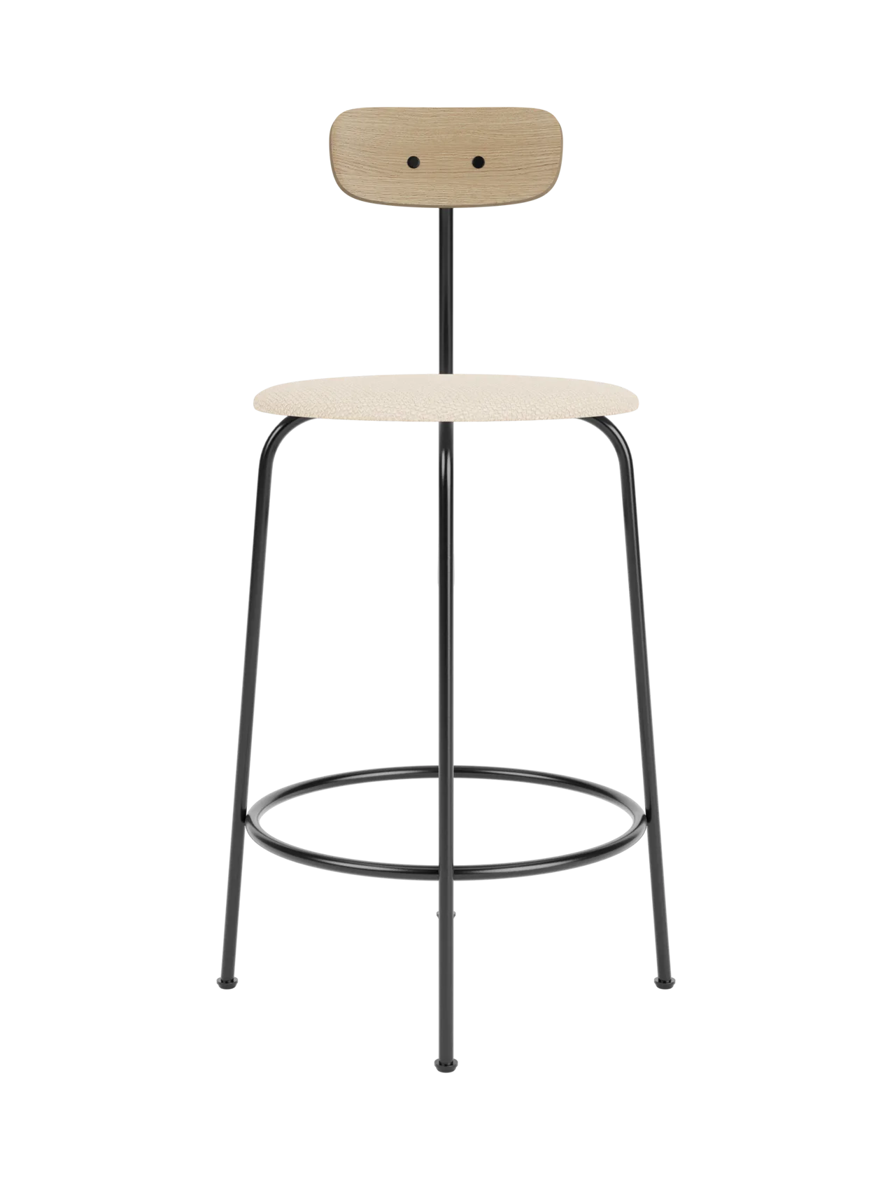 Afteroom Counter Chair with a black steel frame, Logan Jasmine upholstered seat and a natural oak backrest.