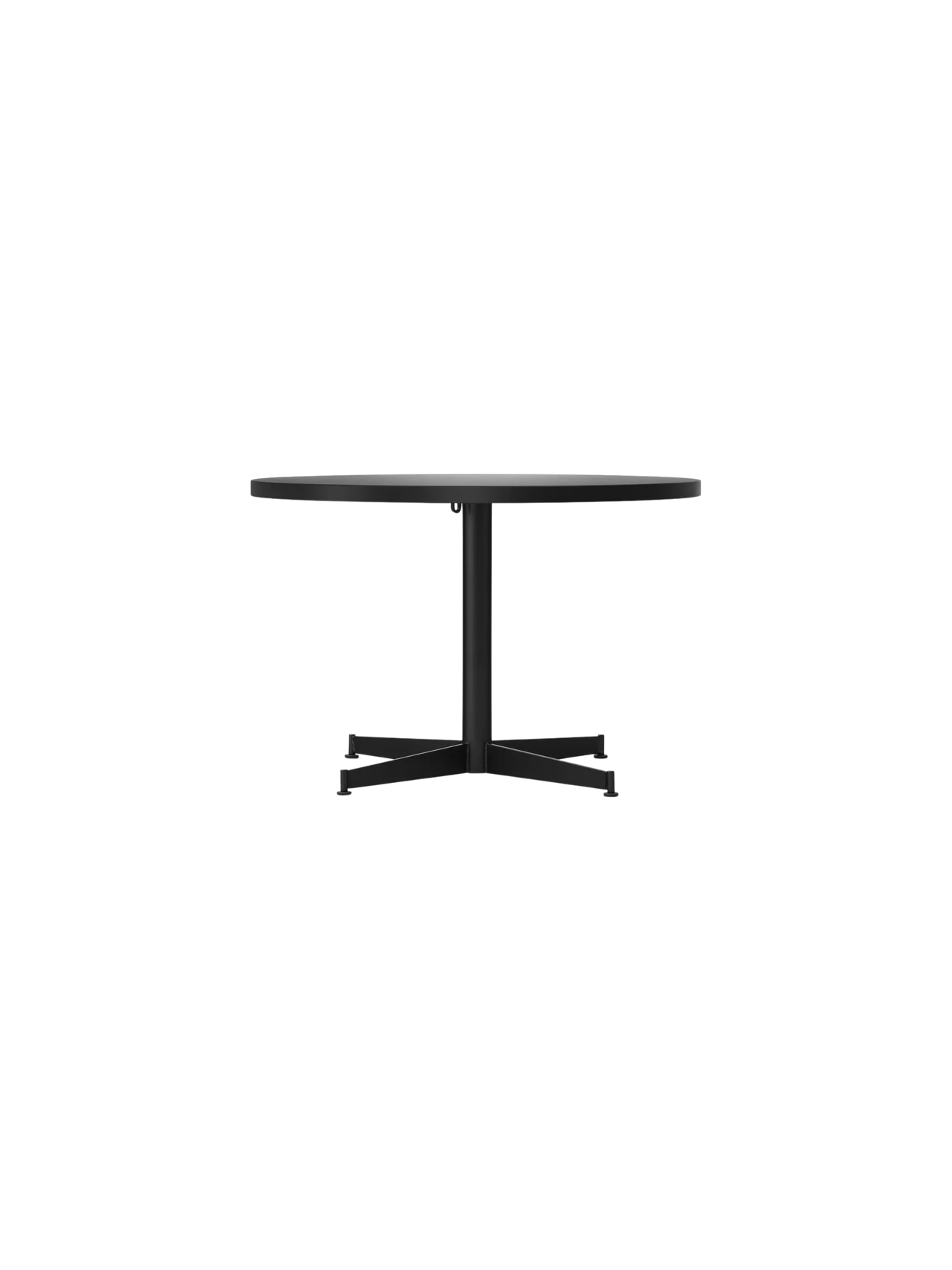 Front view of the Nook Lounge Table, shown with a charcoal linoleum tabletop and a black powder-coated steel four-star base.