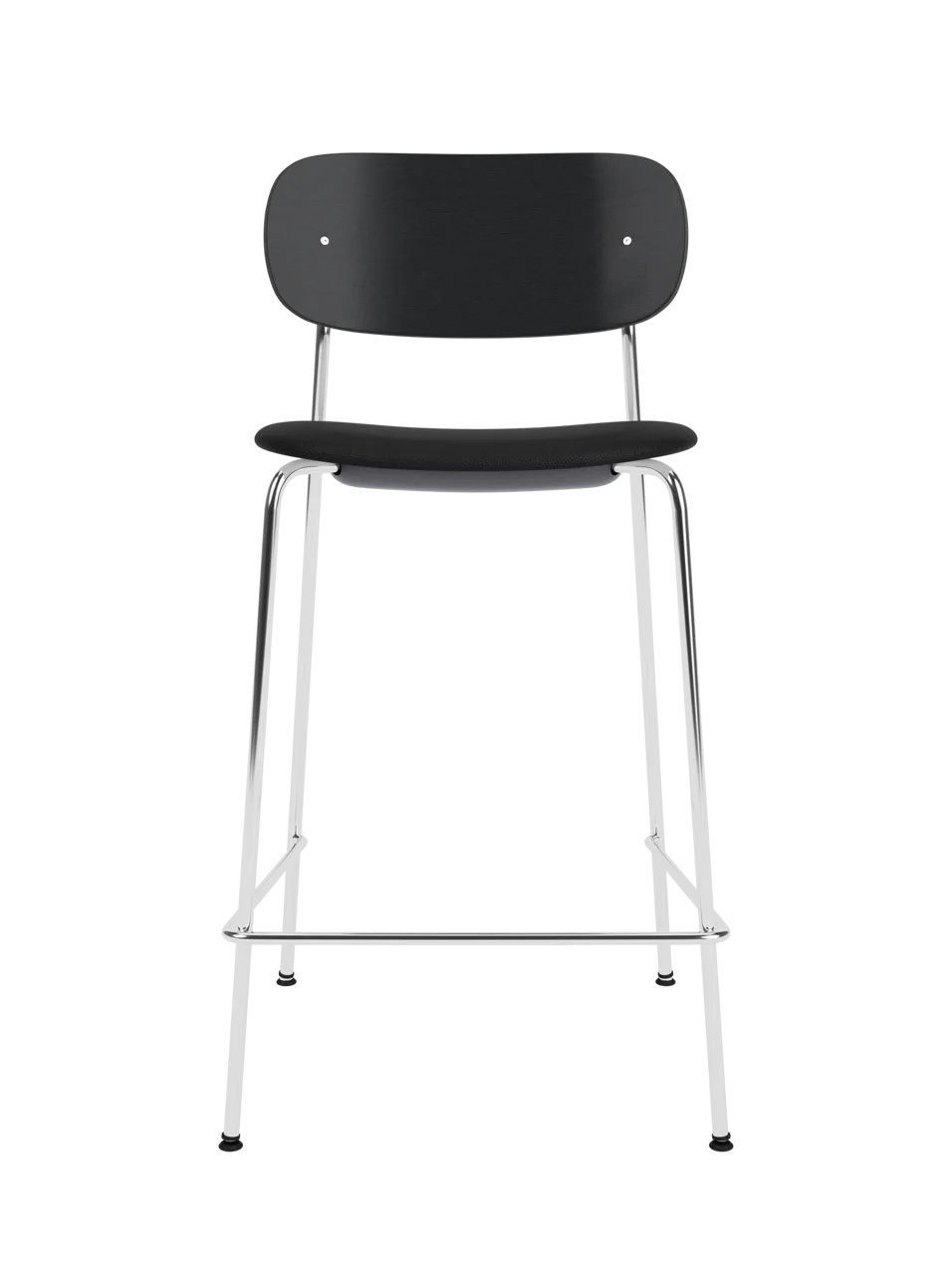 Co Counter Chair in black painted oak and chrome with a black upholstered seat against a black background.