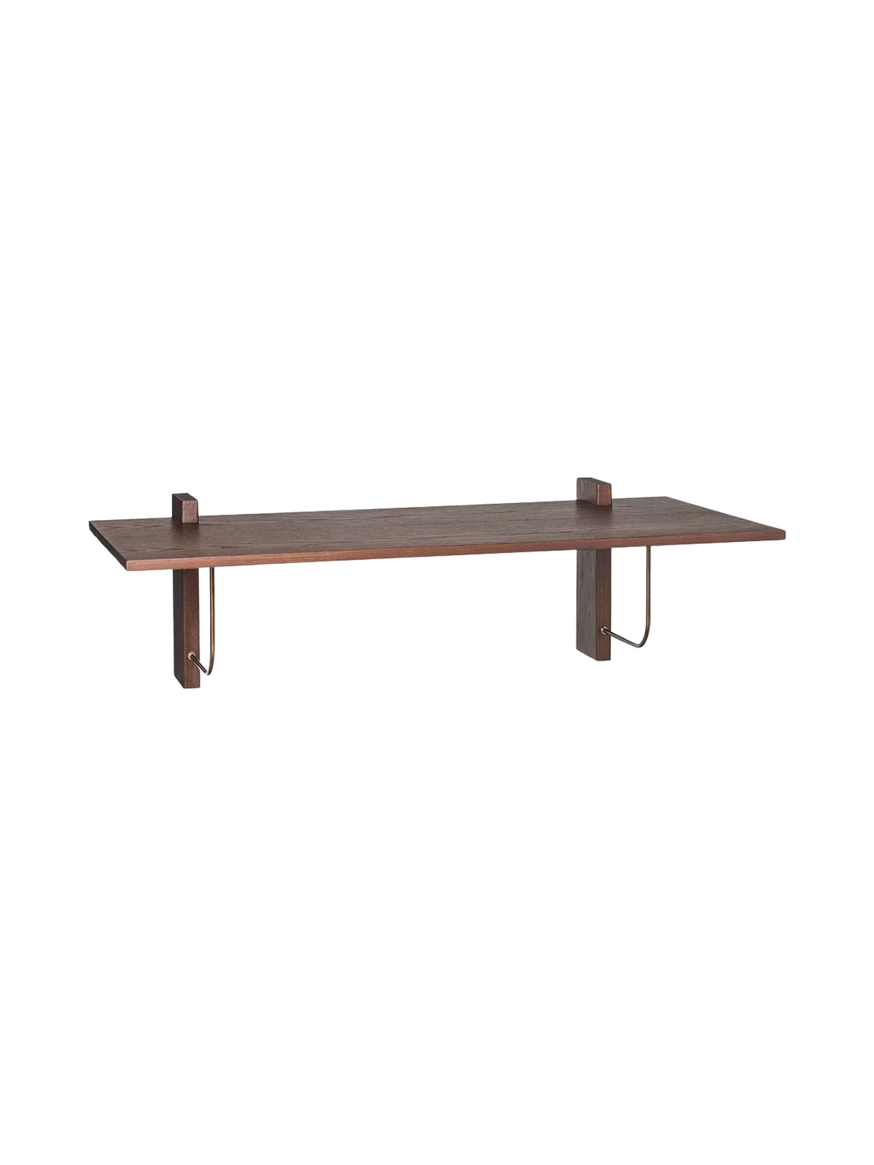 Angled view of the Corbel Desk in dark stained oak. The wall-mounted desk has two wooden support brackets and metal hooks.
