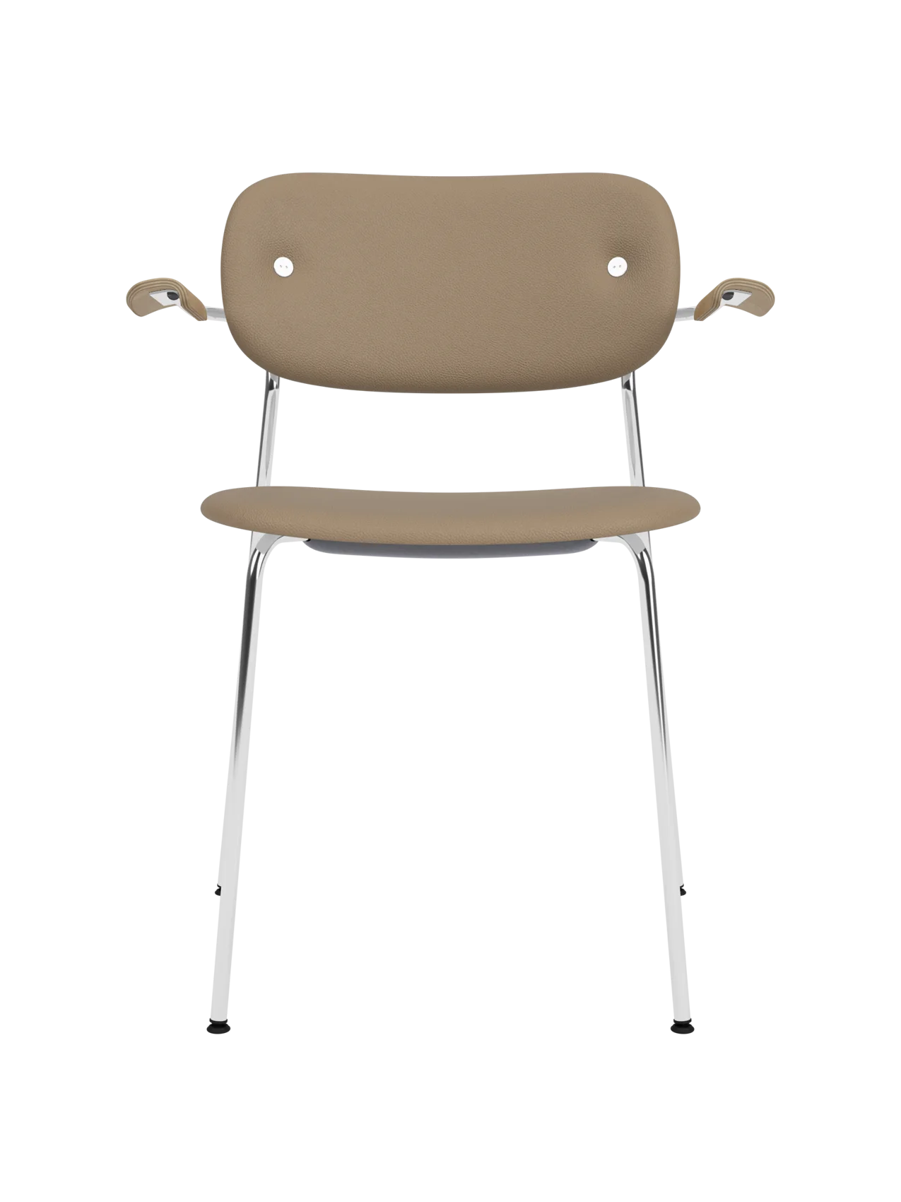 Co Dining Chair with tan Sierra leather upholstery, natural oak armrests and a polished chrome frame.