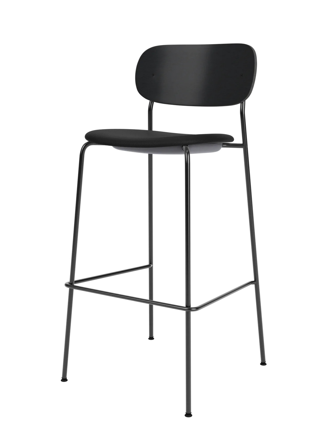 Black Co Bar Chair with an upholstered seat, black oak backrest and a slender black steel frame with footrest.