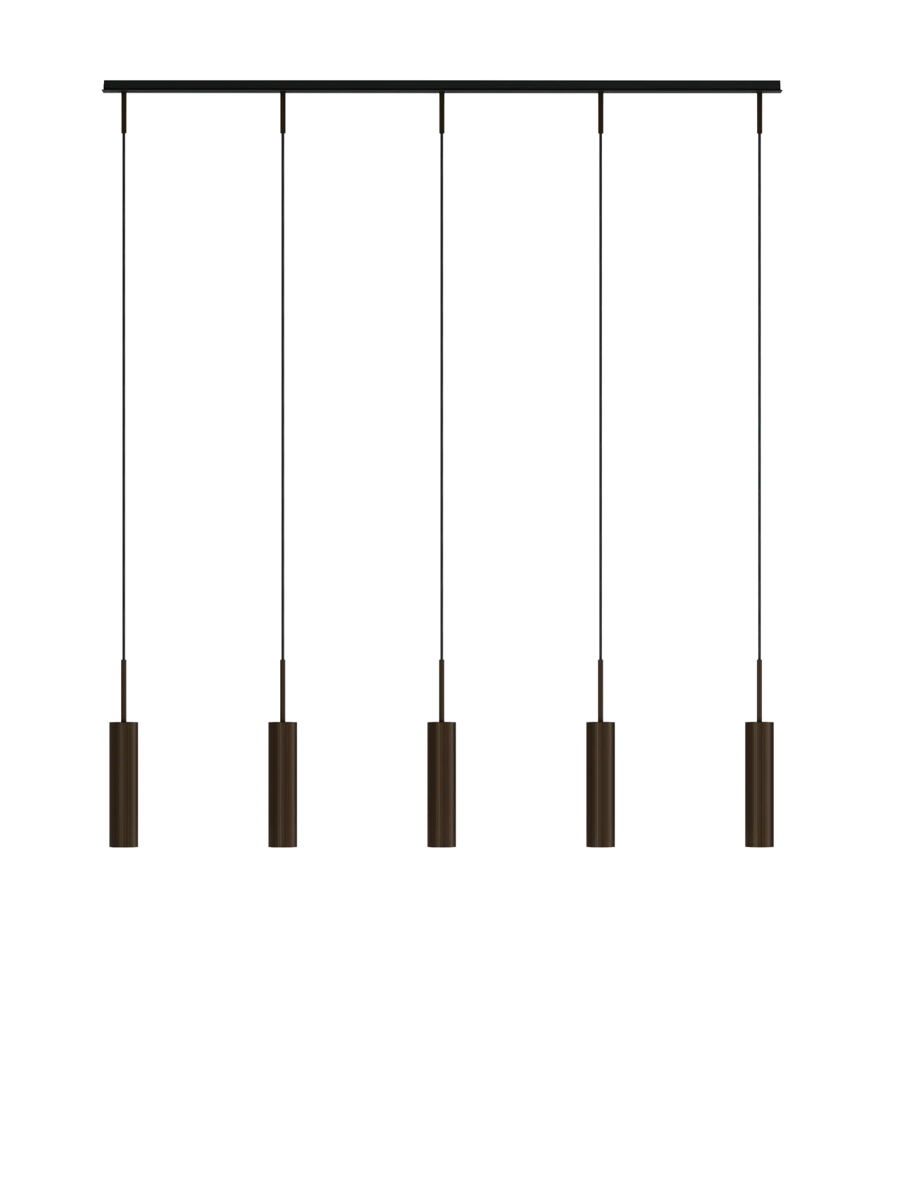 Tubulaire Rail Pendant 5, featuring a black rail with five hanging cylindrical pendants in reeded, bronzed brass aluminium.